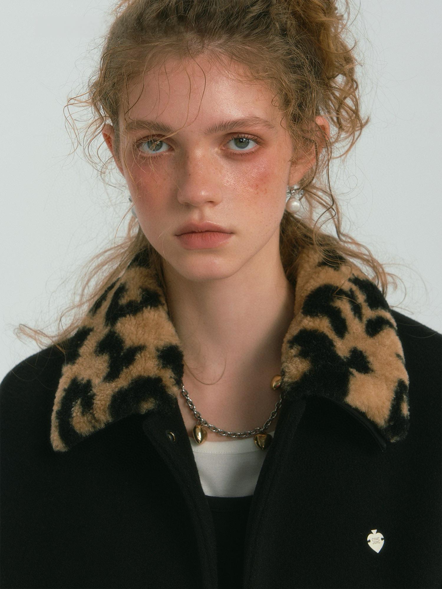 Leopard Faux Fur Collar Black Bomber Jacket