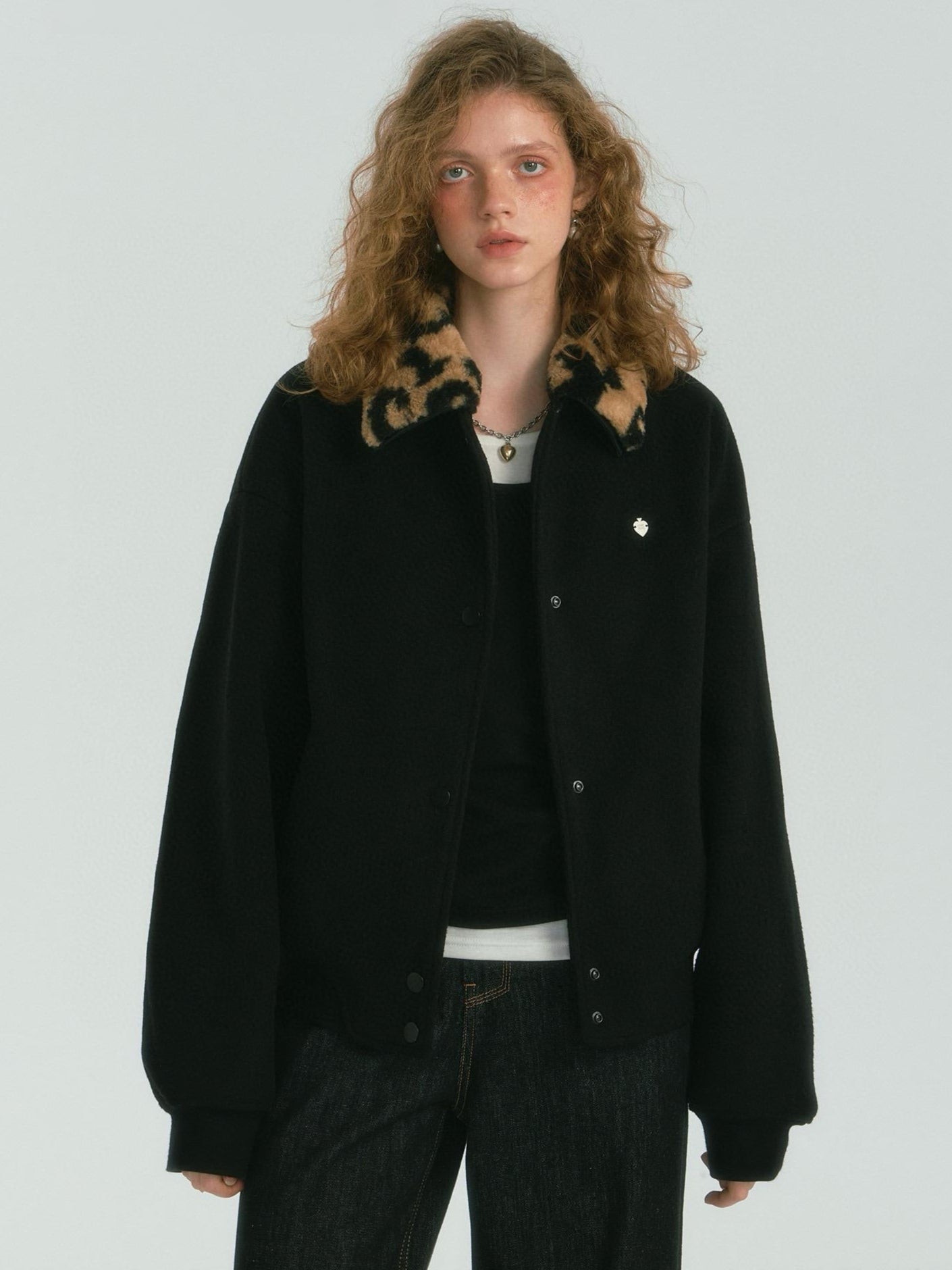 Leopard Faux Fur Collar Black Bomber Jacket