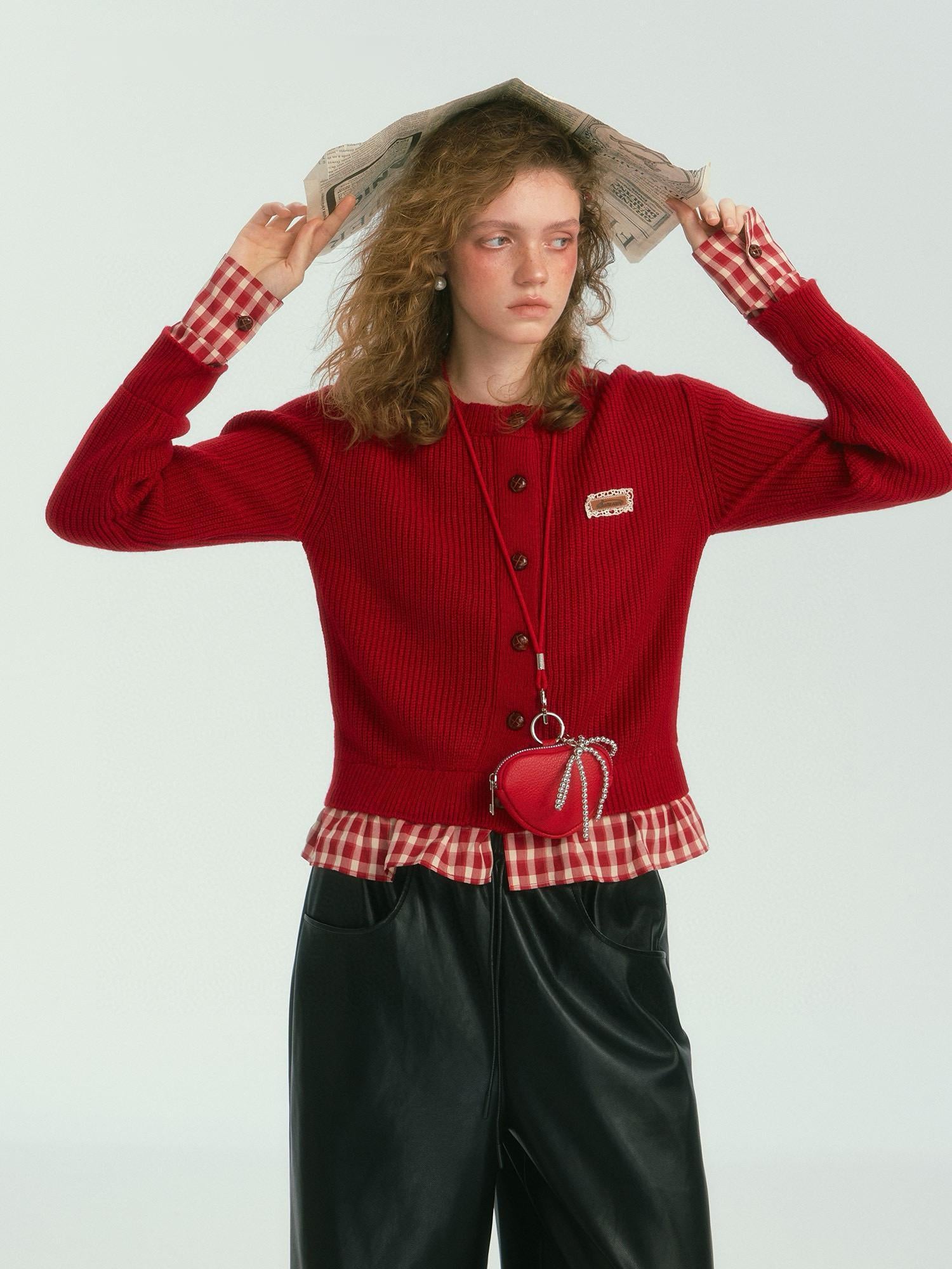 Plaid Trim Buttoned Knitted Cardigan