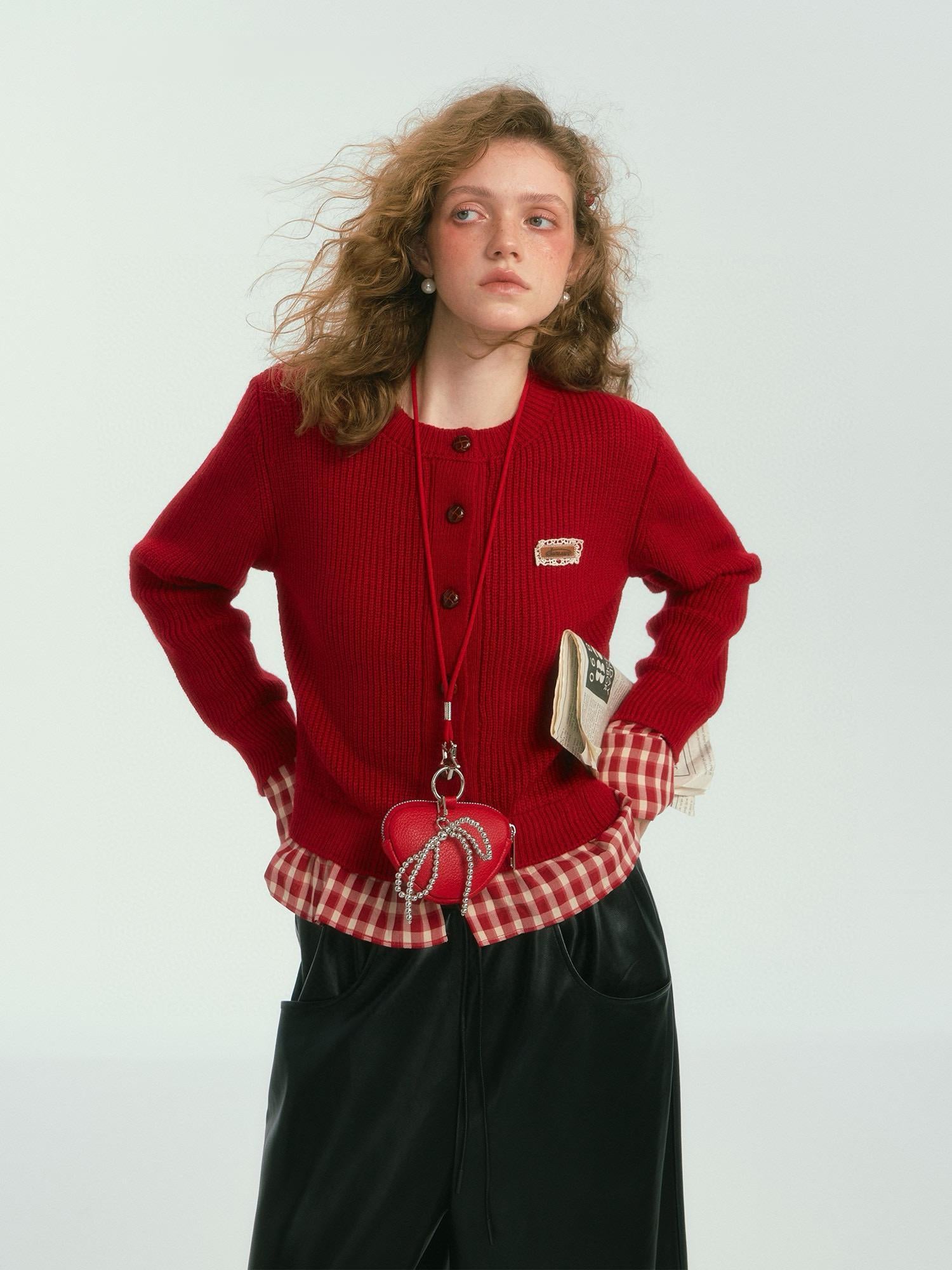 Plaid Trim Buttoned Knitted Cardigan