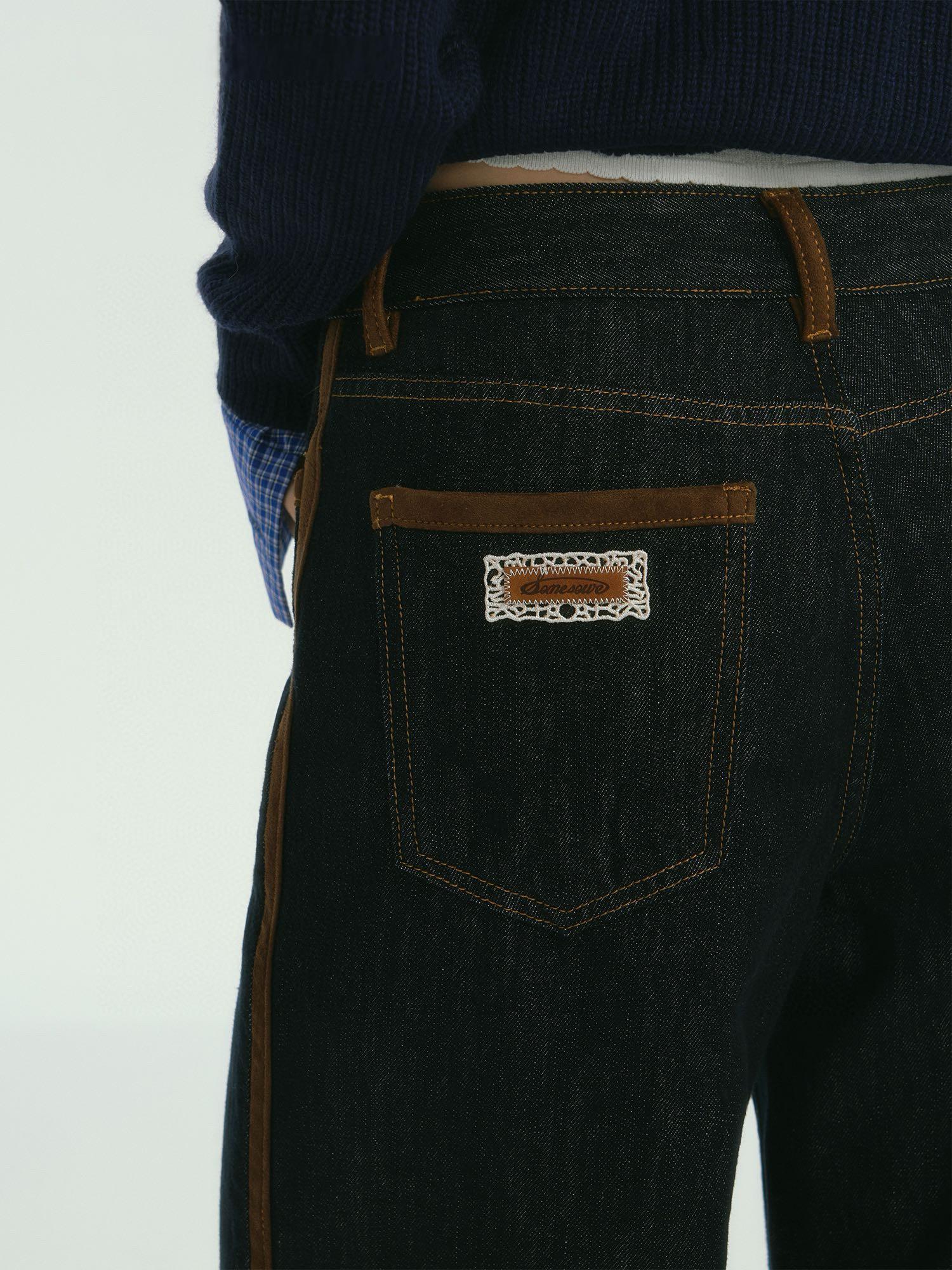 Suede-Trim Casual Wide-Leg Denim Pants