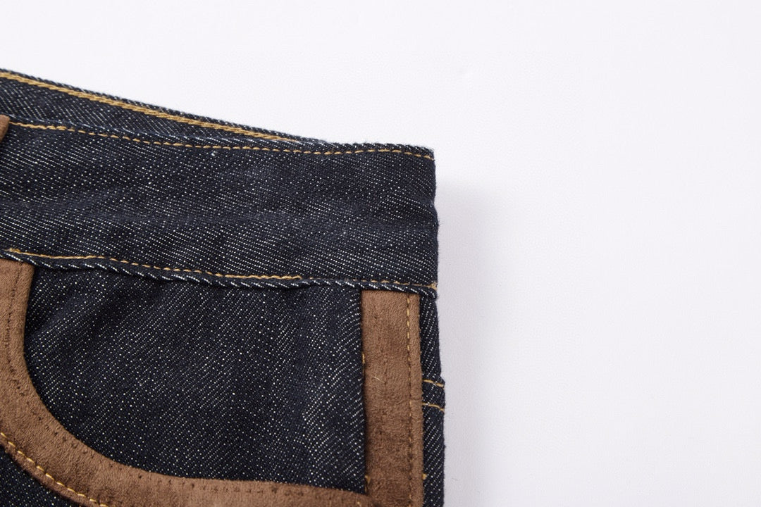 Suede-Trim Casual Wide-Leg Denim Pants