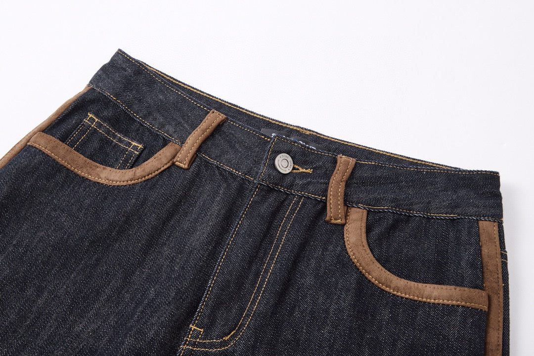 Suede-Trim Casual Wide-Leg Denim Pants