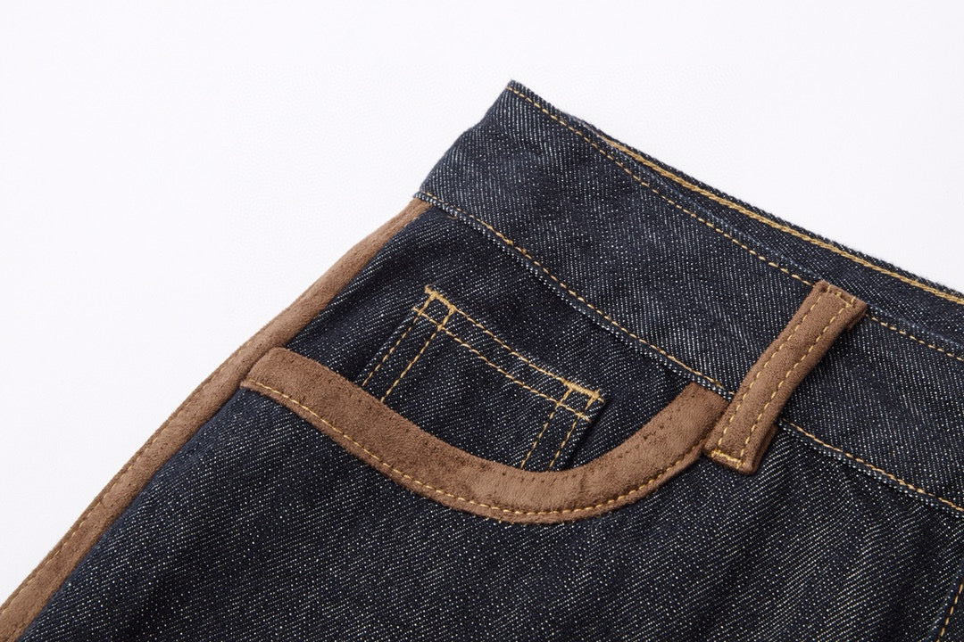 Suede-Trim Casual Wide-Leg Denim Pants