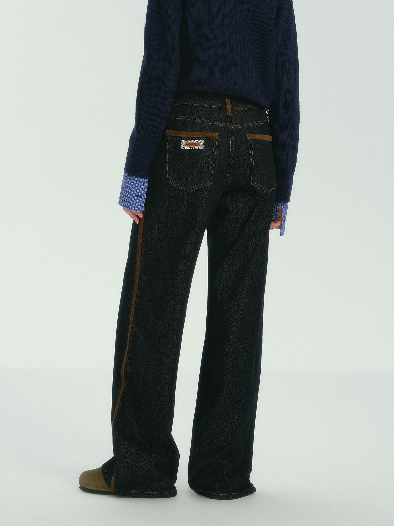 Suede-Trim Casual Wide-Leg Denim Pants