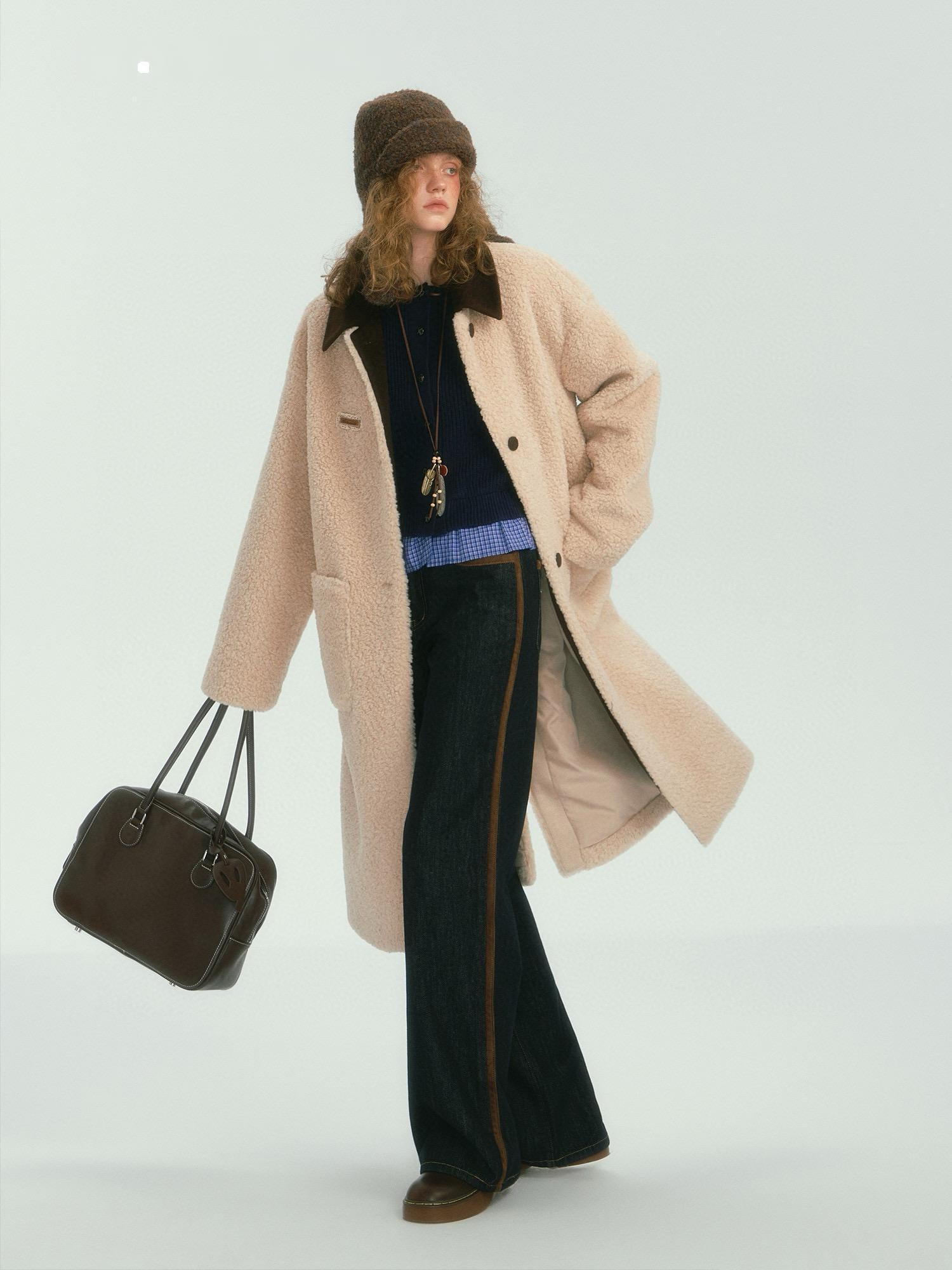 Suede-Trim Casual Wide-Leg Denim Pants