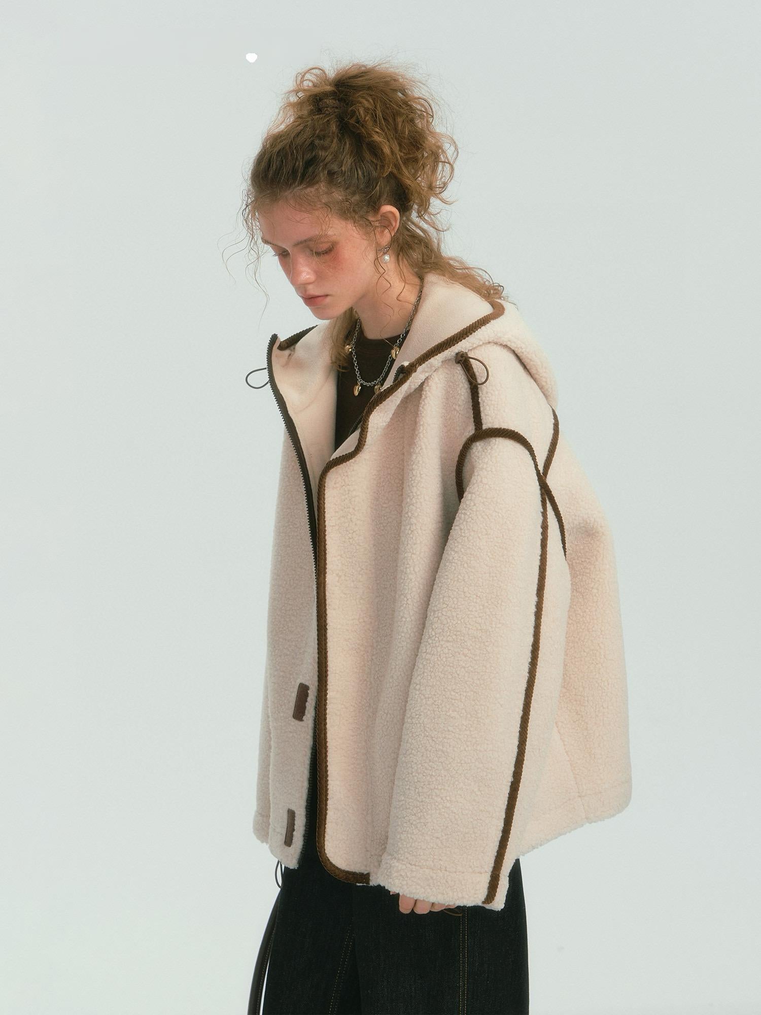 Contrast Piping Hooded Fleece Jacket
