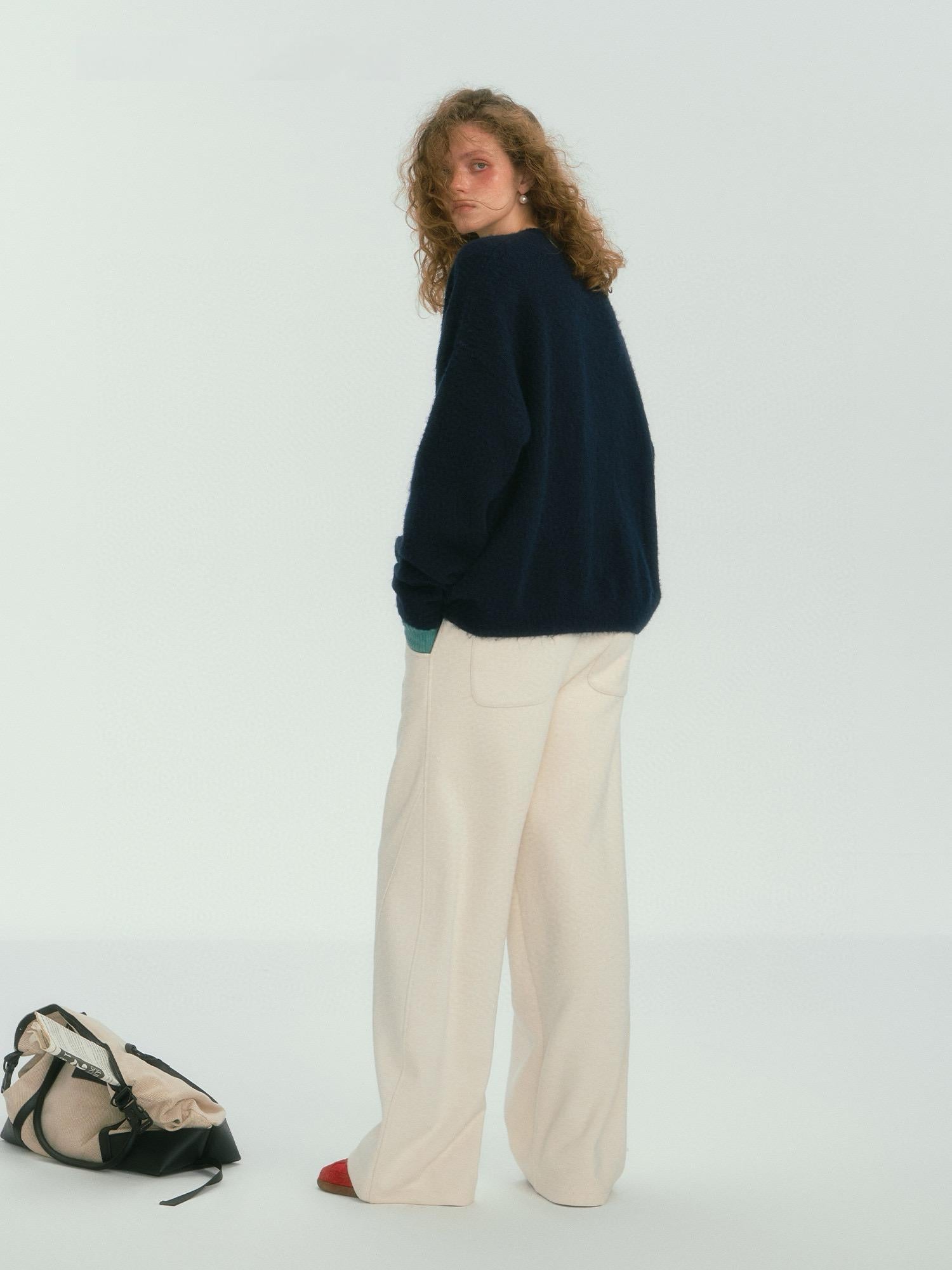 Beige Relaxed Wide-Leg Drawstring Pants
