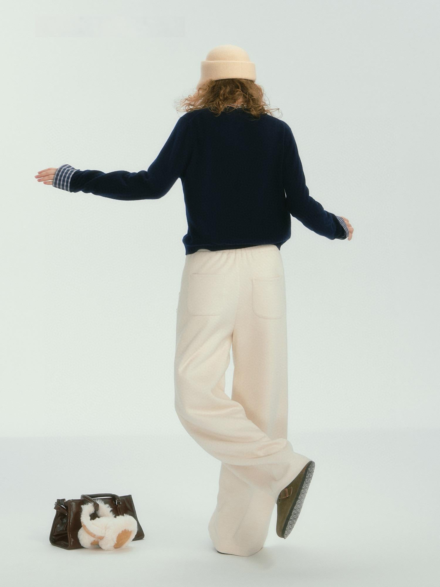 Beige Relaxed Wide-Leg Drawstring Pants