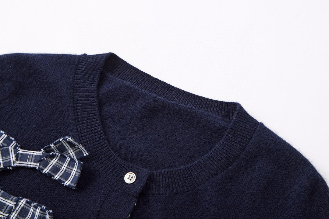 Navy Plaid Bow-Accent Wool Cardigan