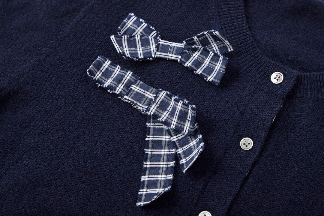 Navy Plaid Bow-Accent Wool Cardigan