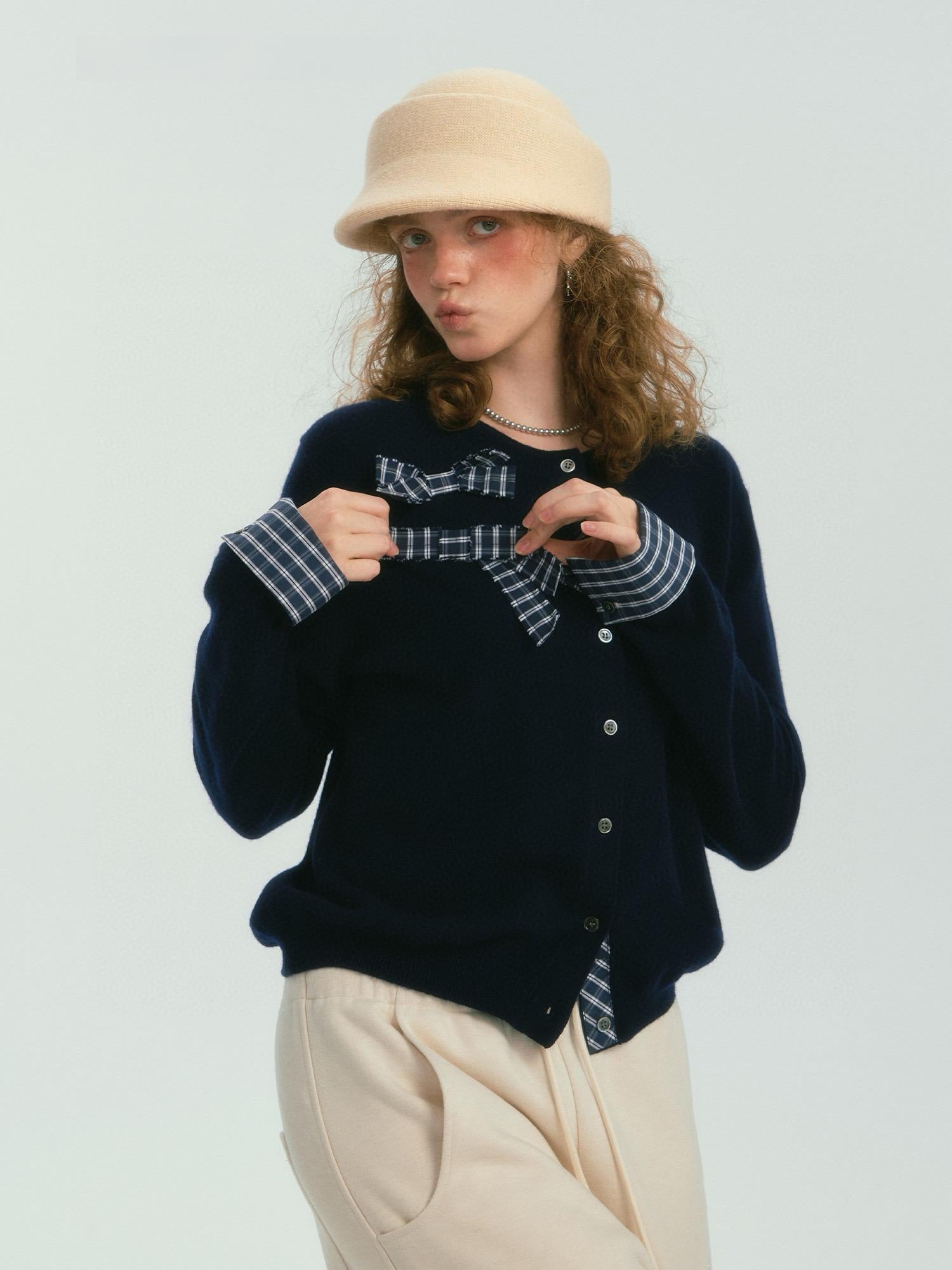 Navy Plaid Bow-Accent Wool Cardigan