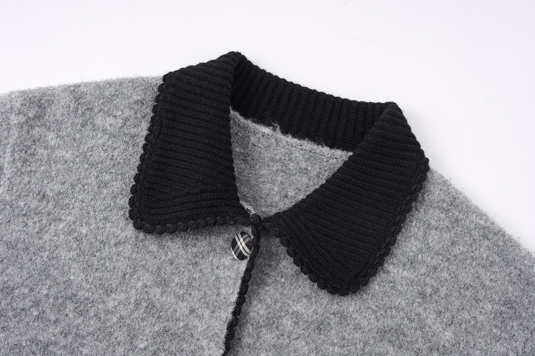 Gray Contrast Collar Acrylic Cardigan