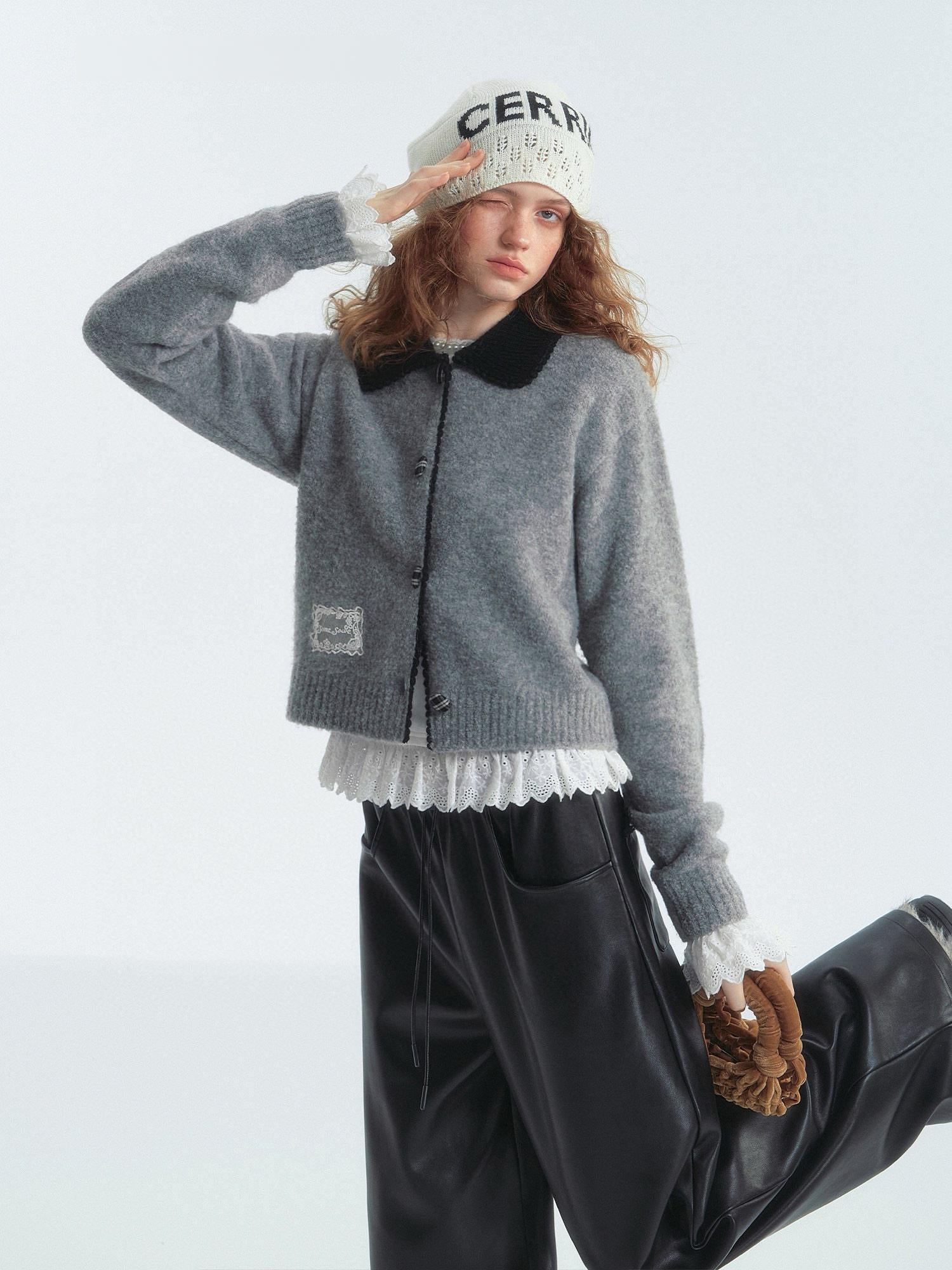 Gray Contrast Collar Acrylic Cardigan
