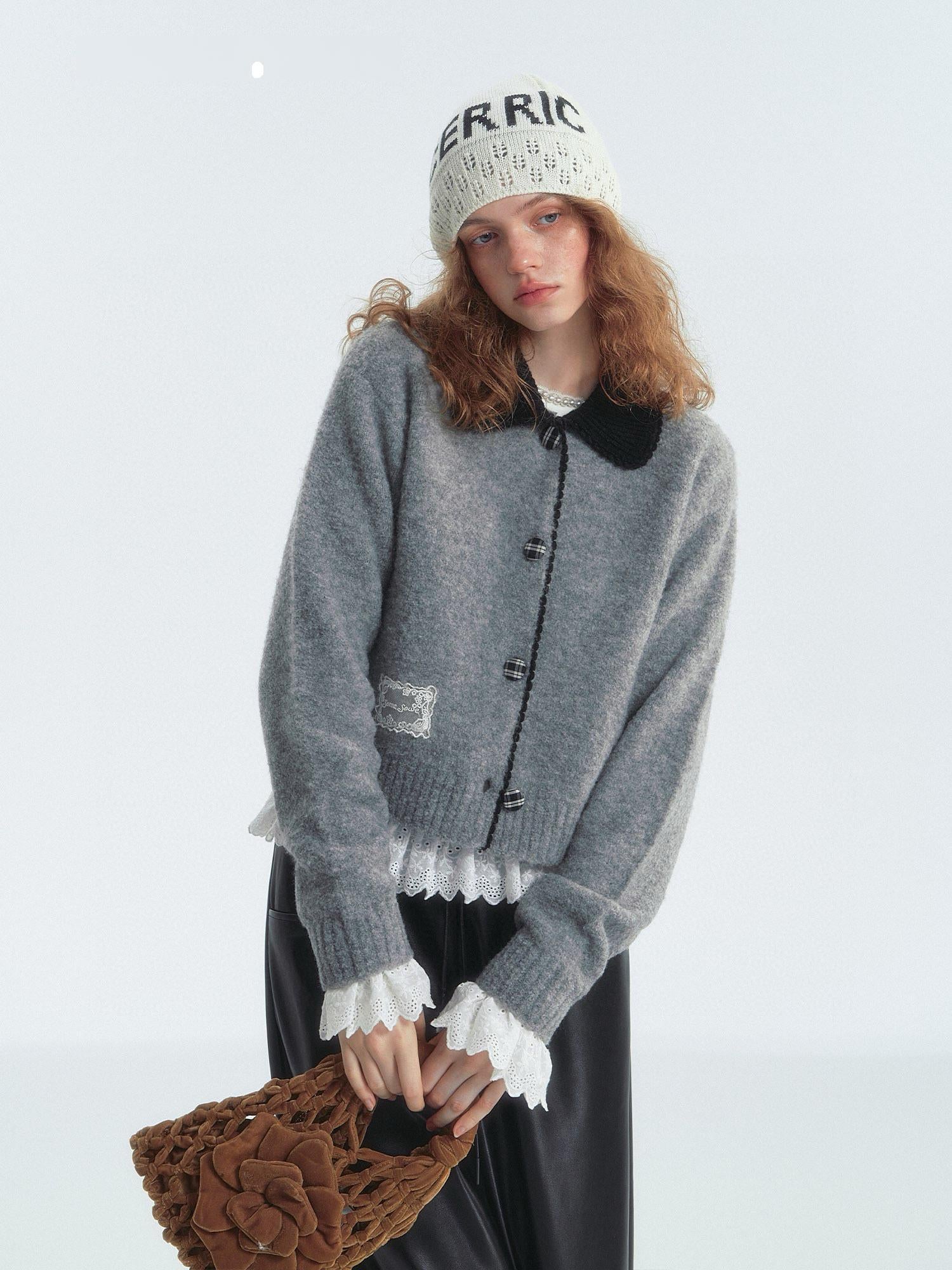 Gray Contrast Collar Acrylic Cardigan