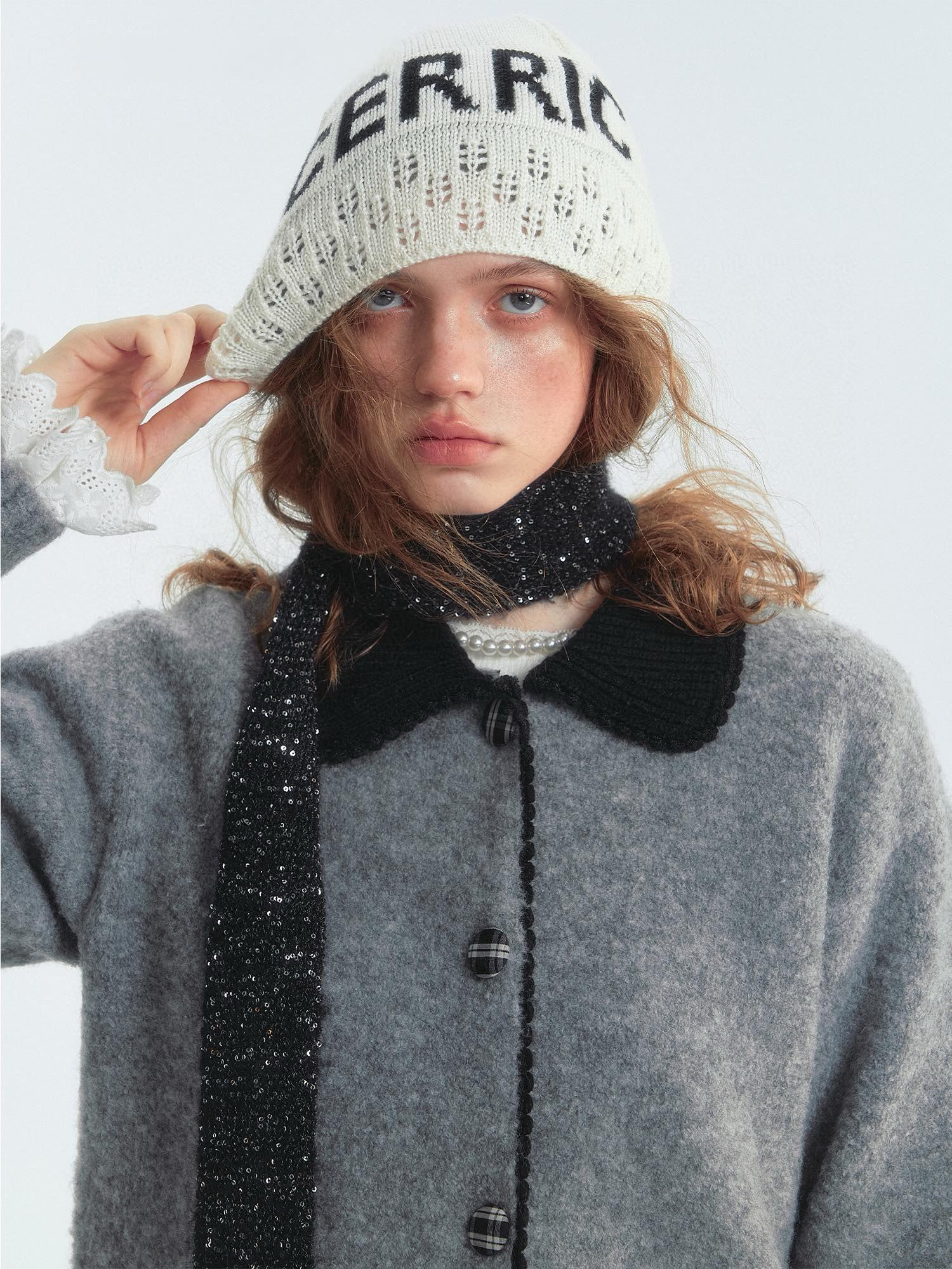 Gray Contrast Collar Acrylic Cardigan