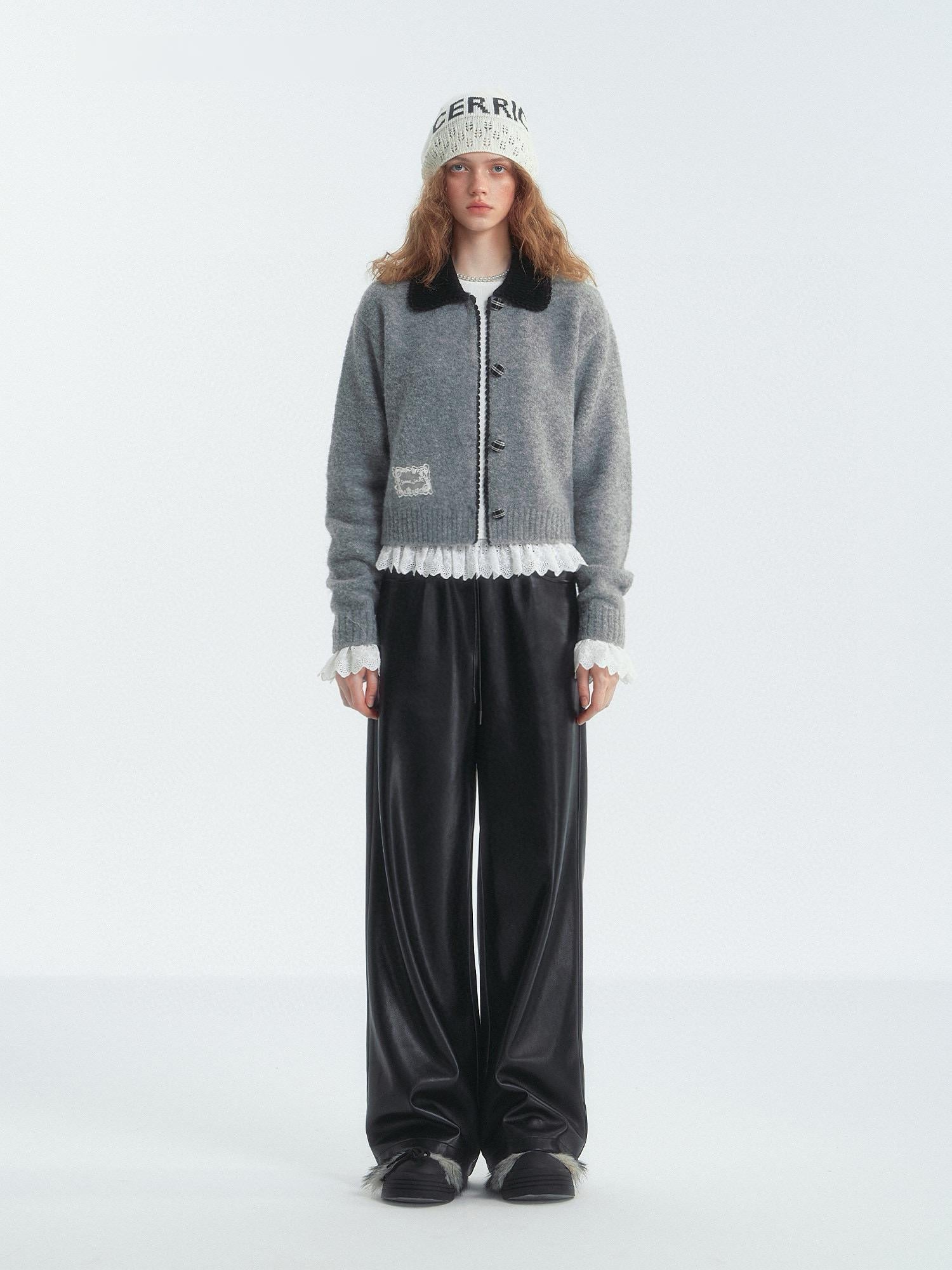 Gray Contrast Collar Acrylic Cardigan