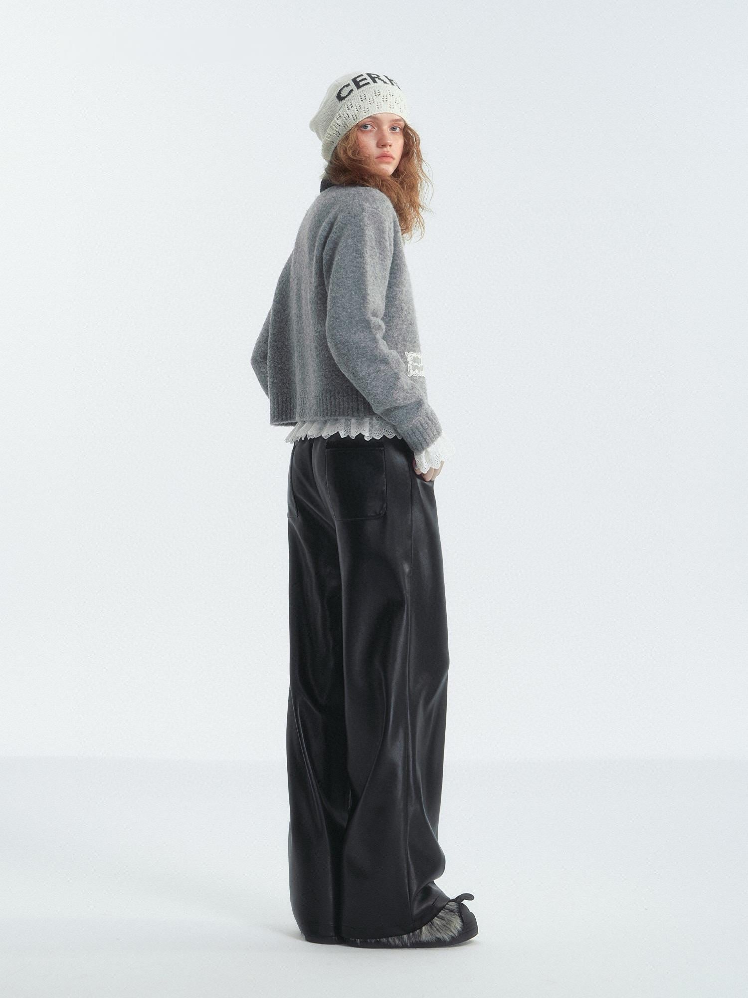 Gray Contrast Collar Acrylic Cardigan