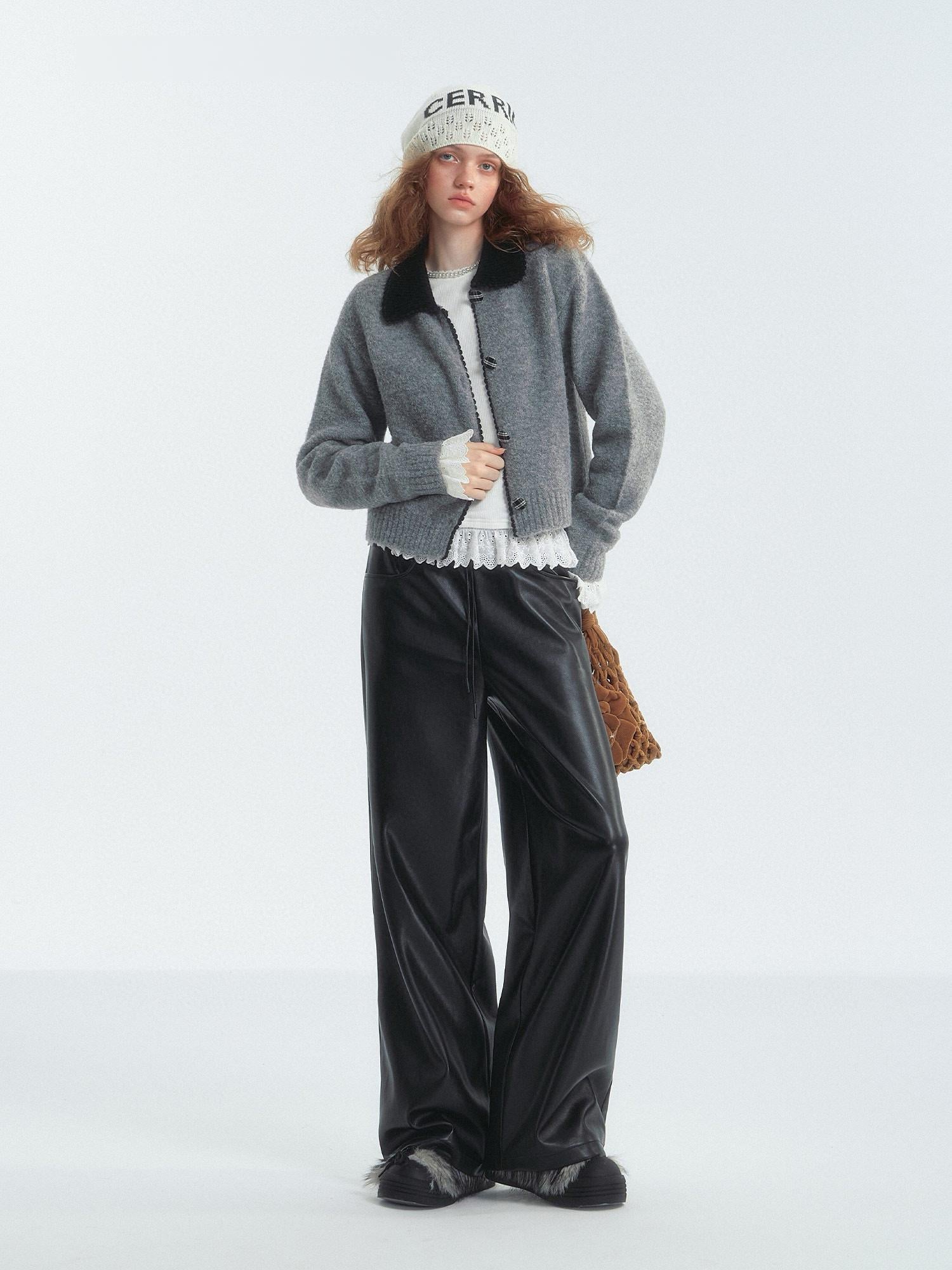 Gray Contrast Collar Acrylic Cardigan