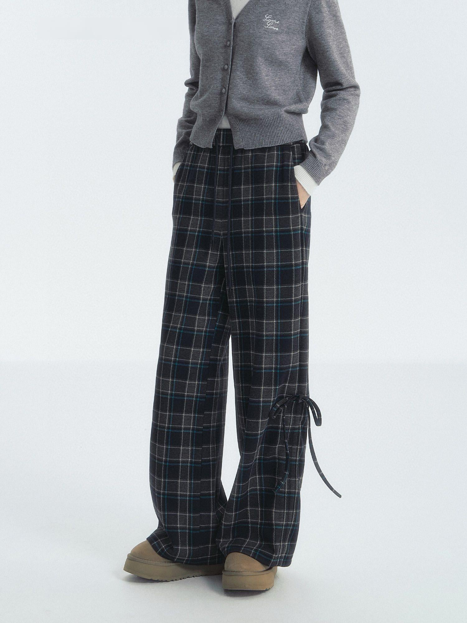 Plaid Wide-Leg Adjustable Pants