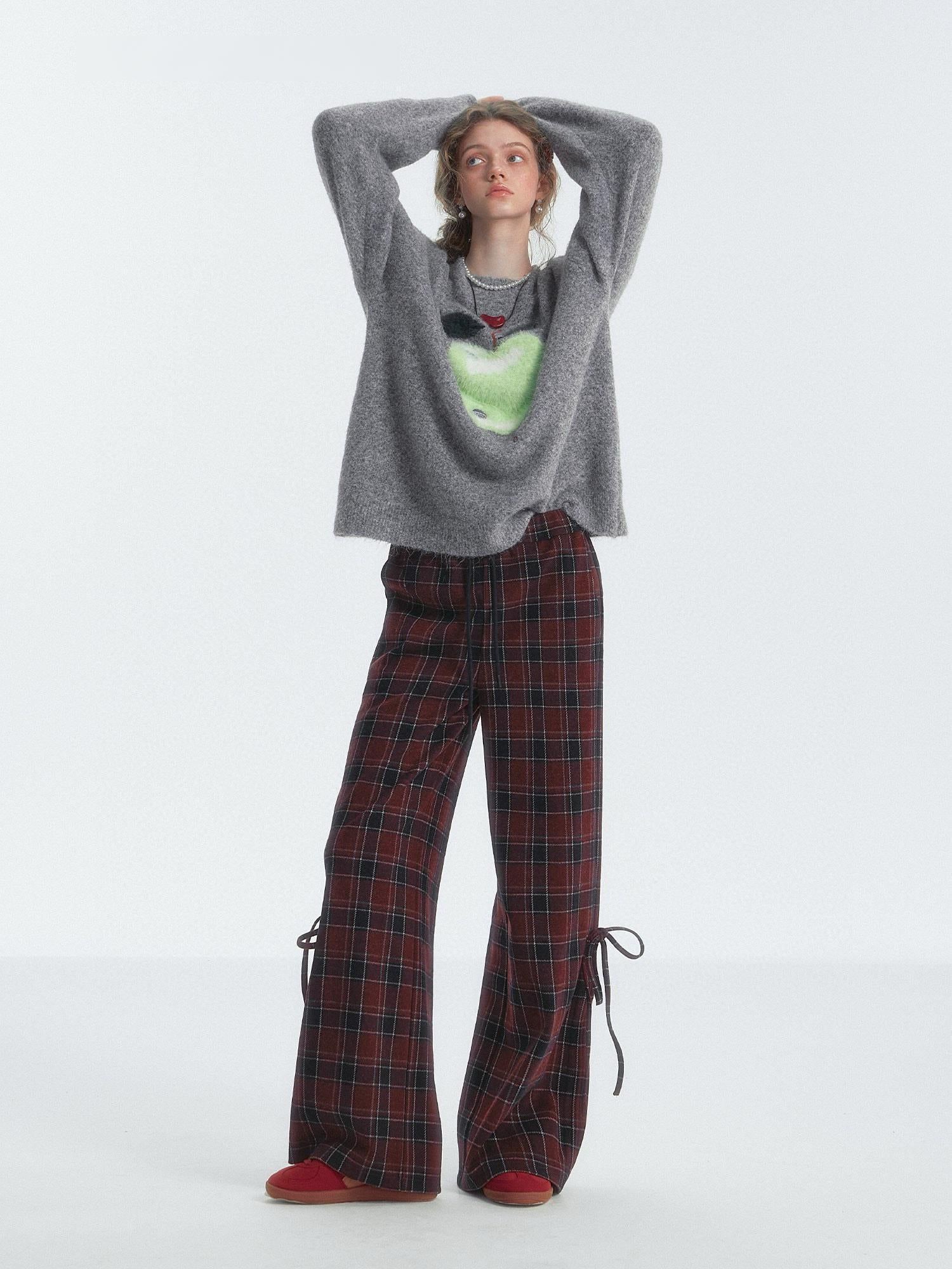 Plaid Wide-Leg Adjustable Pants