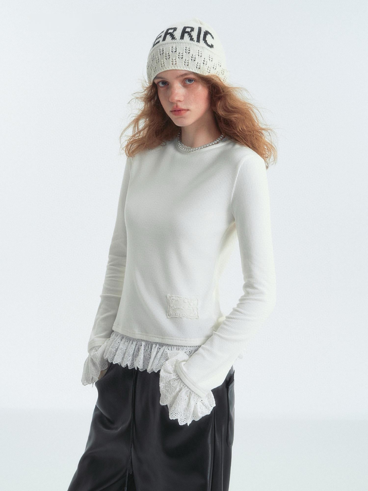Lace-Trim Ribbed Long Sleeve Top