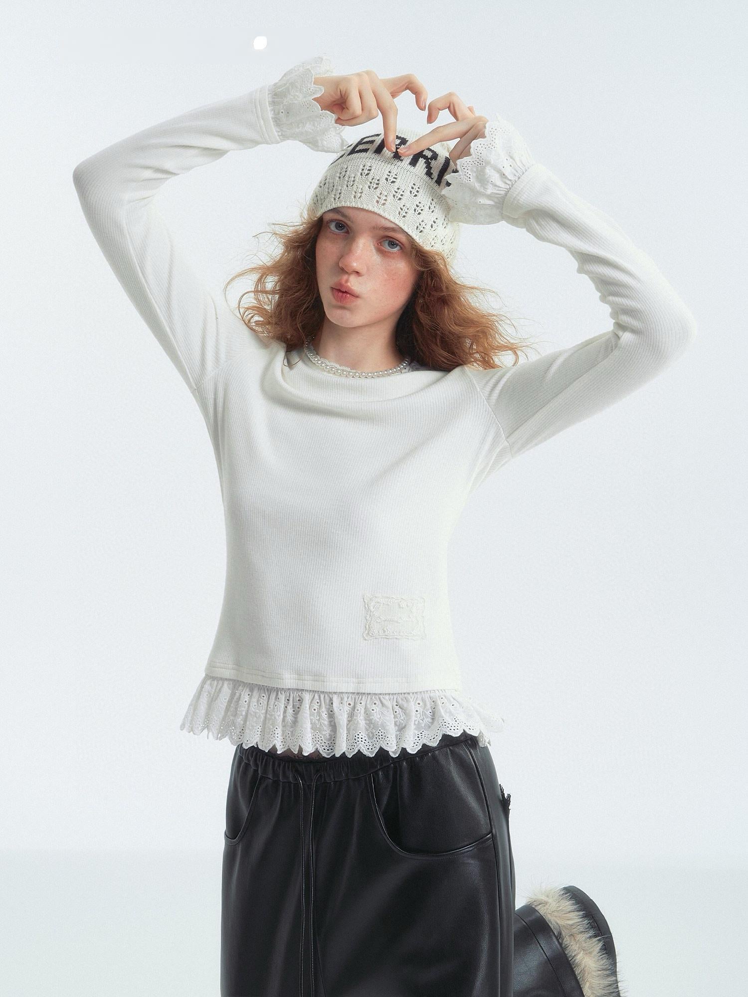 Lace-Trim Ribbed Long Sleeve Top