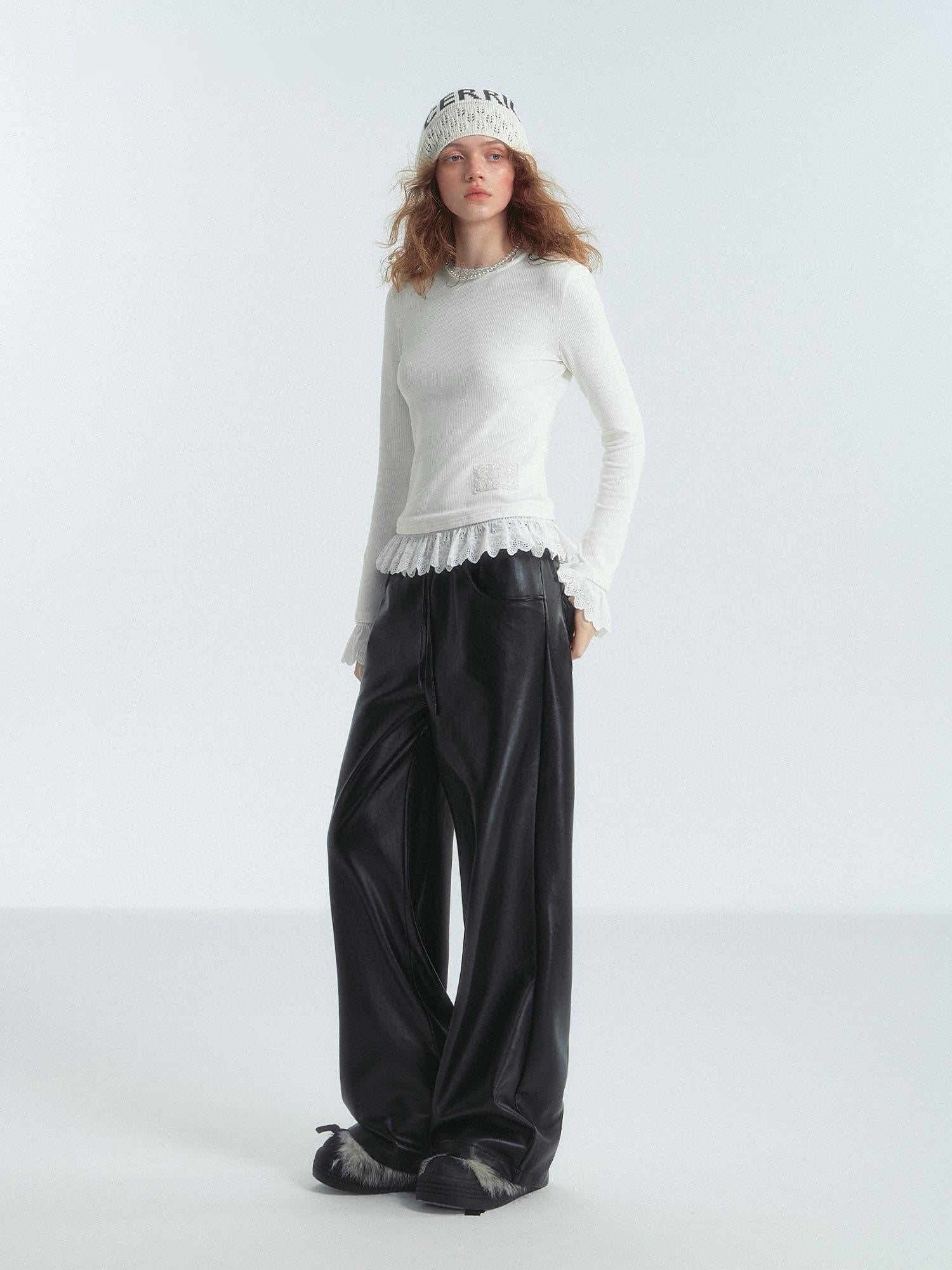 Lace-Trim Ribbed Long Sleeve Top