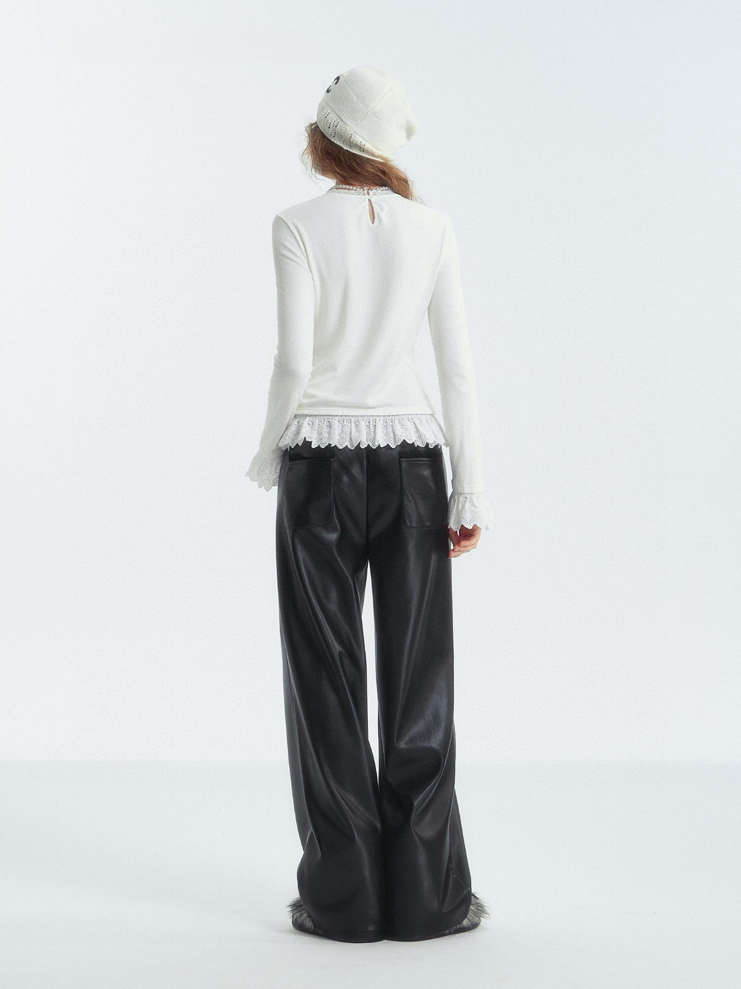 Lace-Trim Ribbed Long Sleeve Top