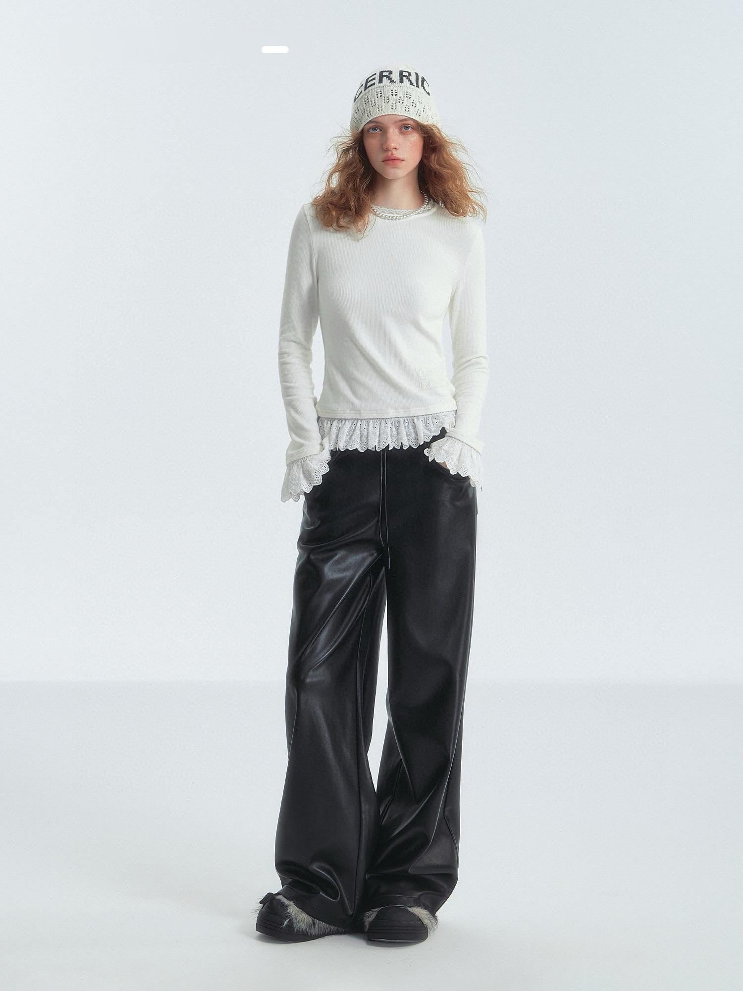 Lace-Trim Ribbed Long Sleeve Top