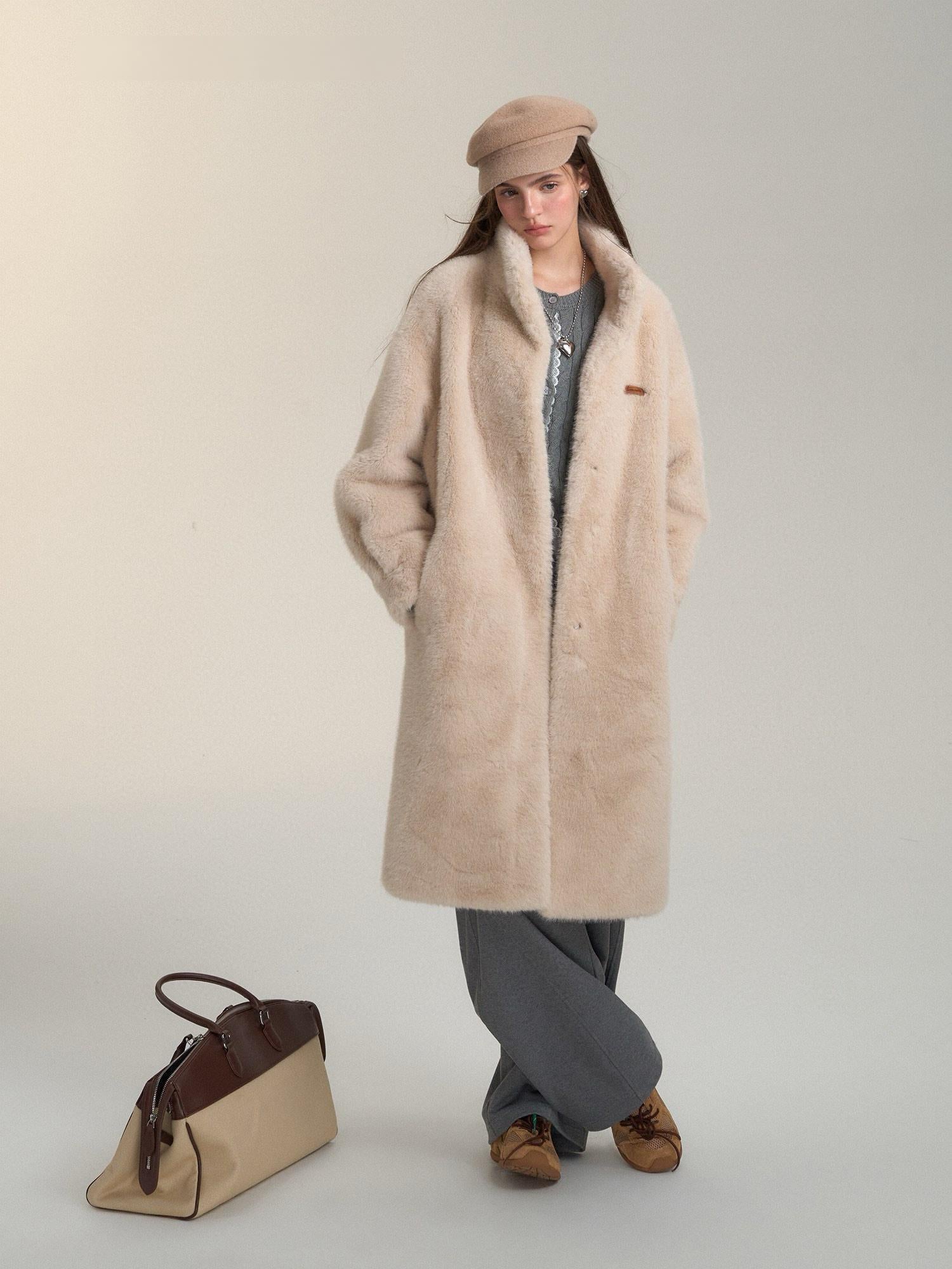 Plush Beige Faux Fur Winter Coat