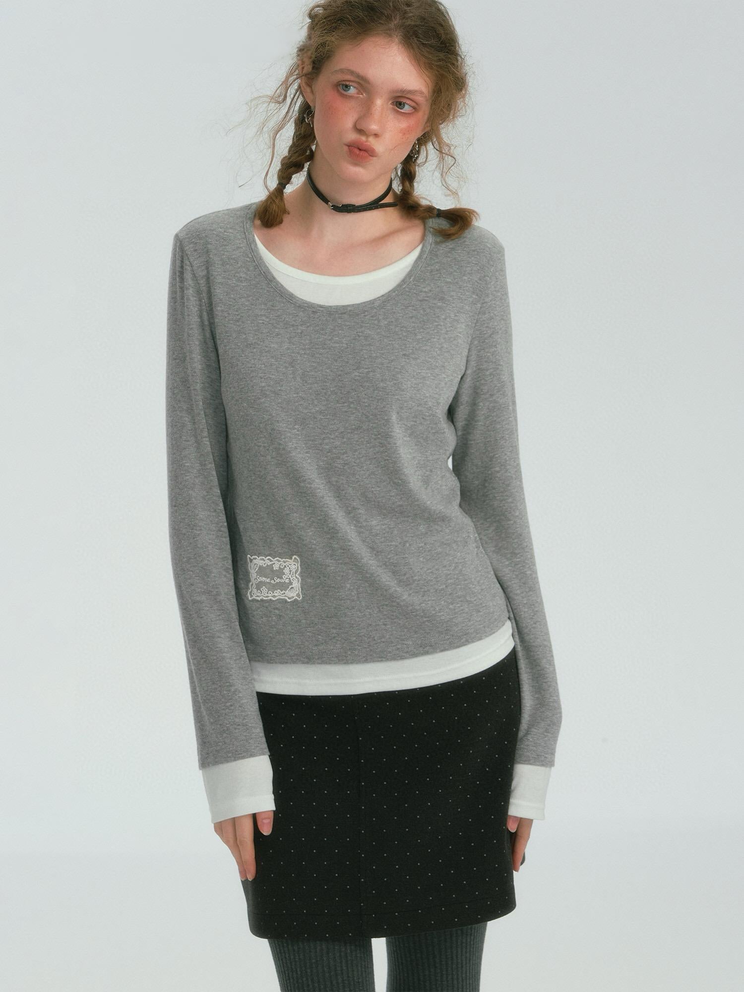 Layered Contrast Long-Sleeve Lace Top
