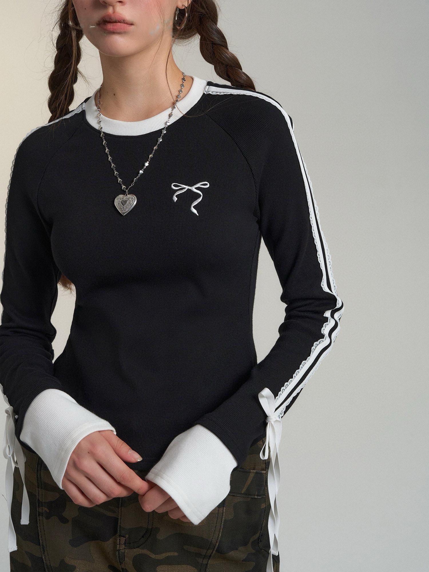 Lace Ribbon Sleeve Knit Top