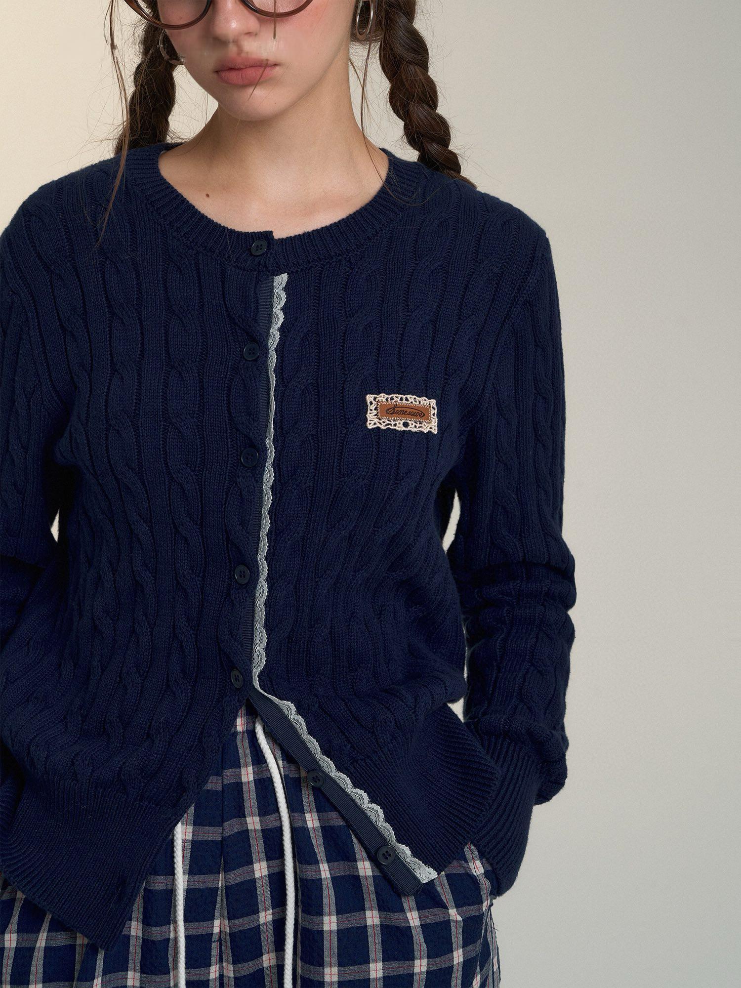 Vintage Lace-Trim Cable-Knit Cardigan