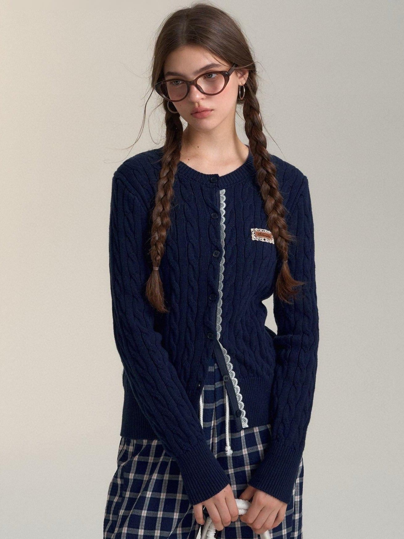 Vintage Lace-Trim Cable-Knit Cardigan