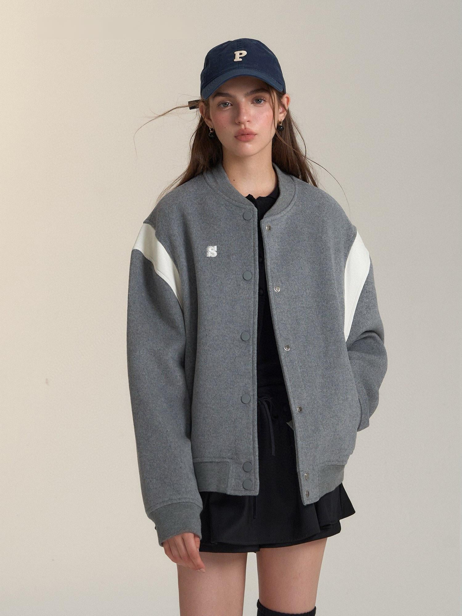 Two-Tone Leather Wool Blend Varsity Jacket
