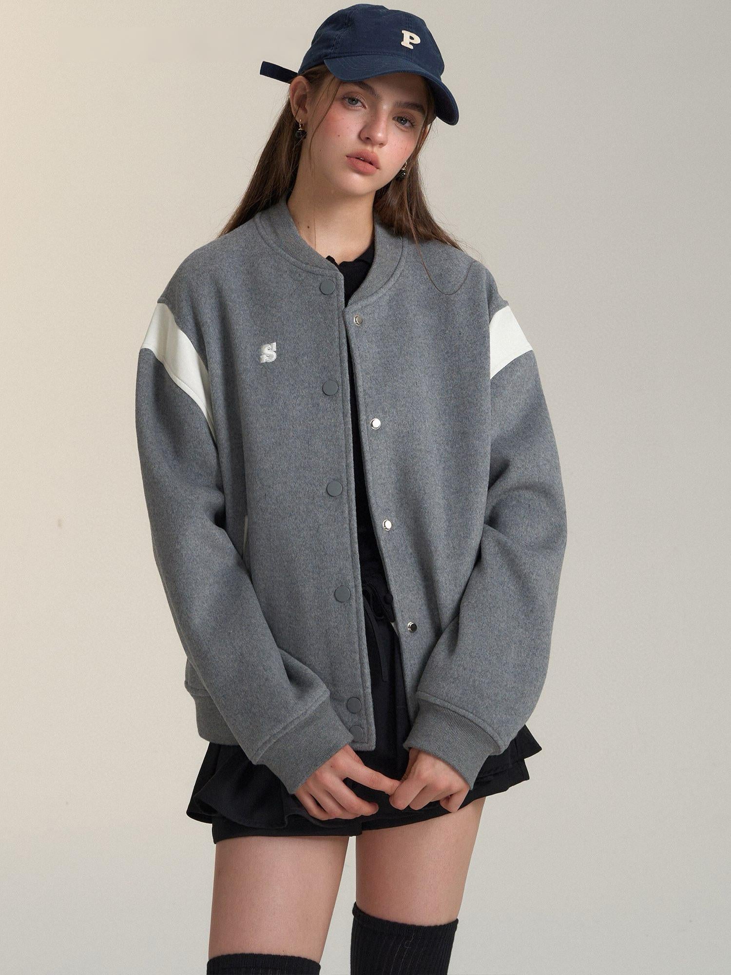 Two-Tone Leather Wool Blend Varsity Jacket