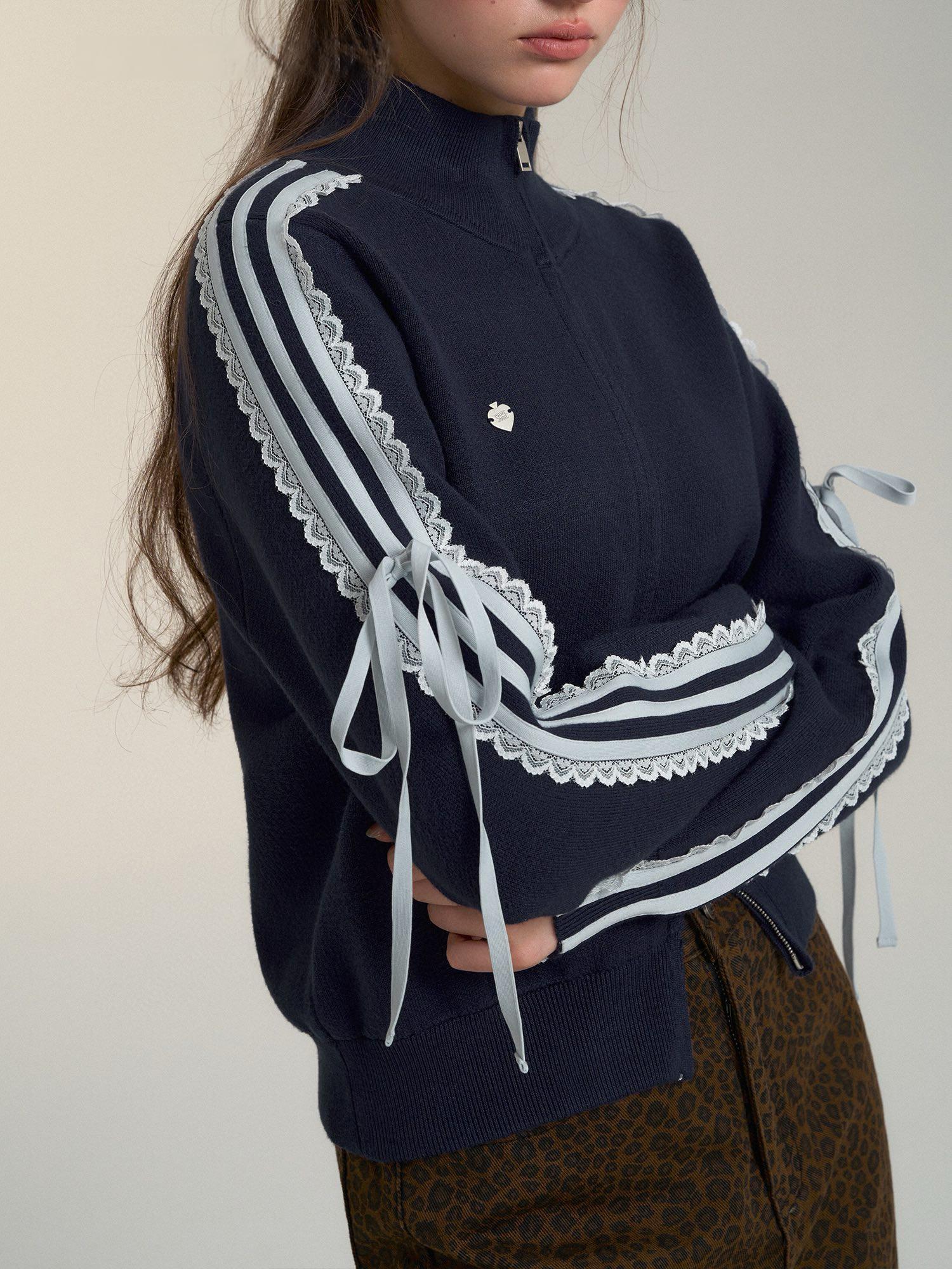 Lace Trim Zip-Up Sports Knit Cardigan