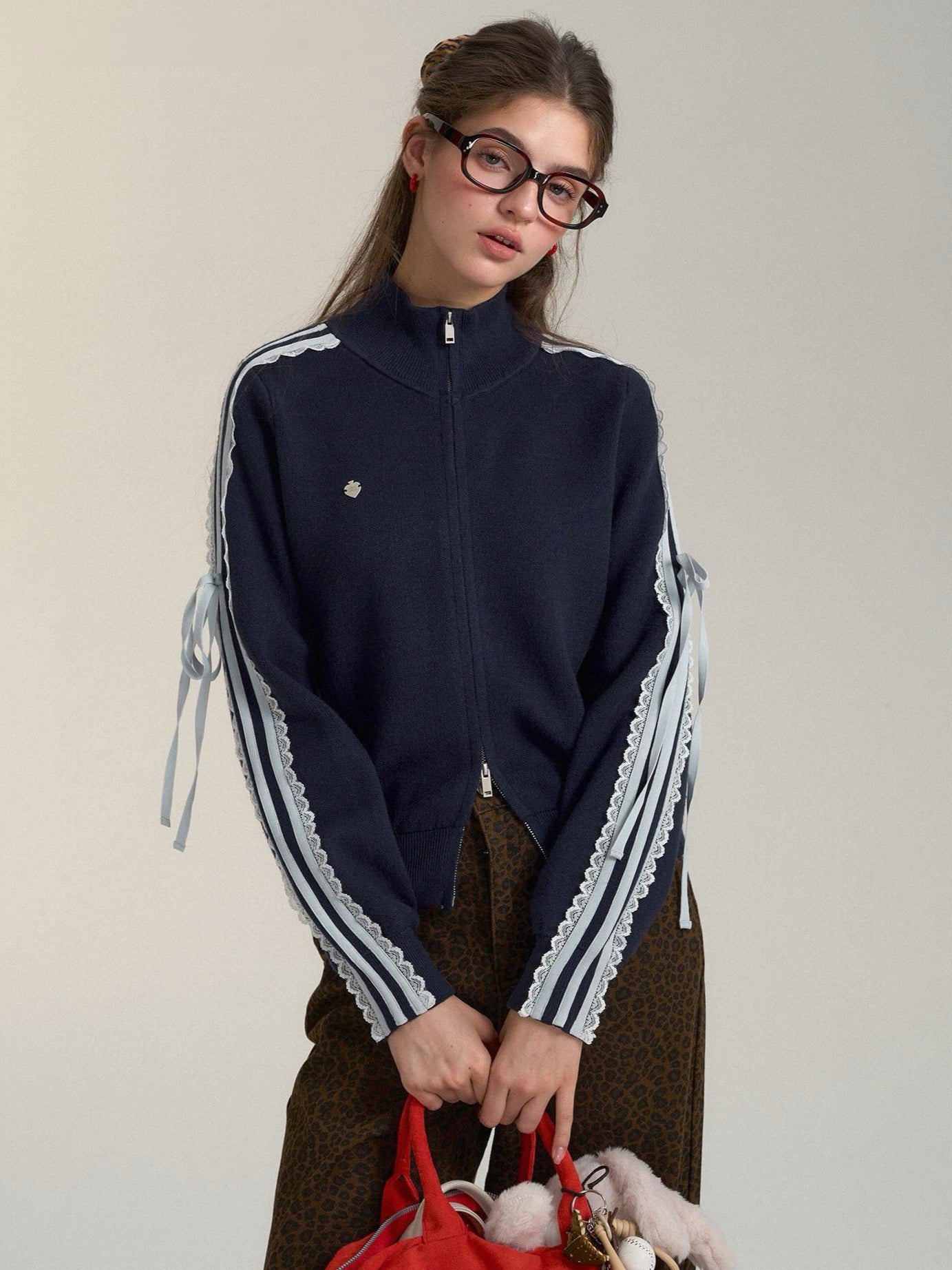 Lace Trim Zip-Up Sports Knit Cardigan