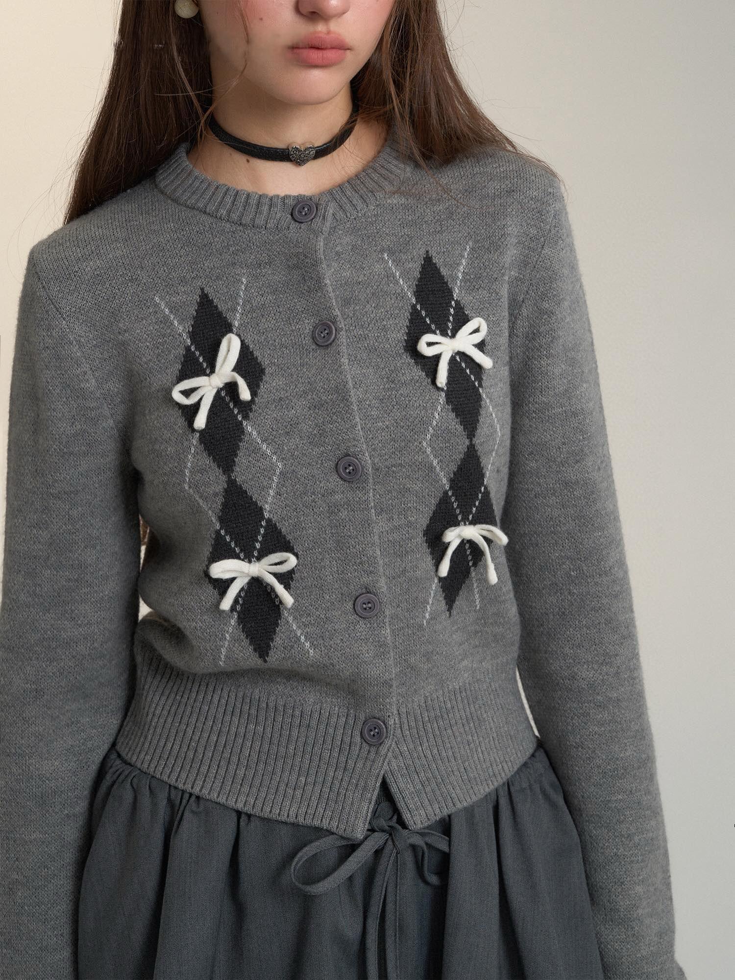 Argyle Bow Embellished Grey Cardigan