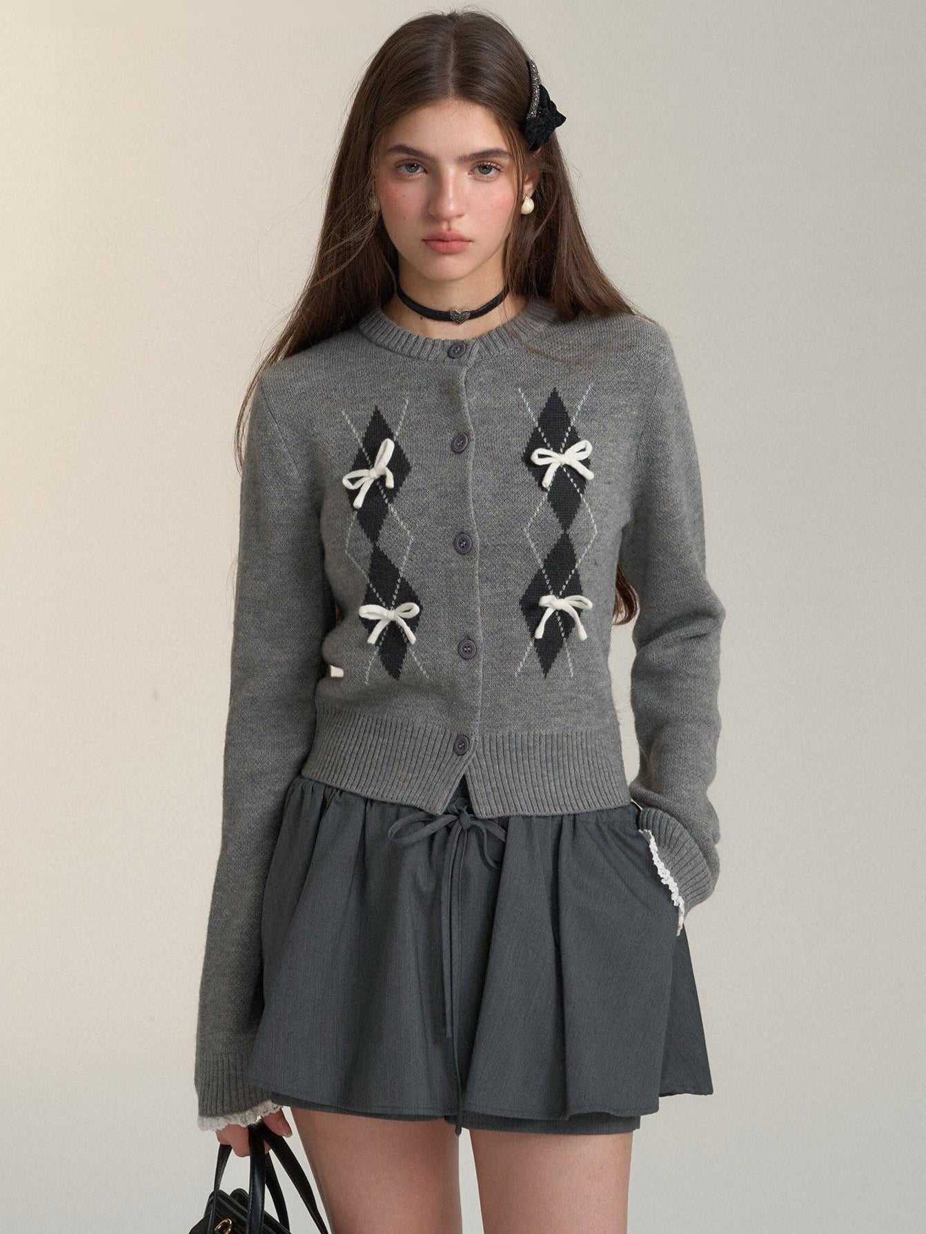 Argyle Bow Embellished Grey Cardigan