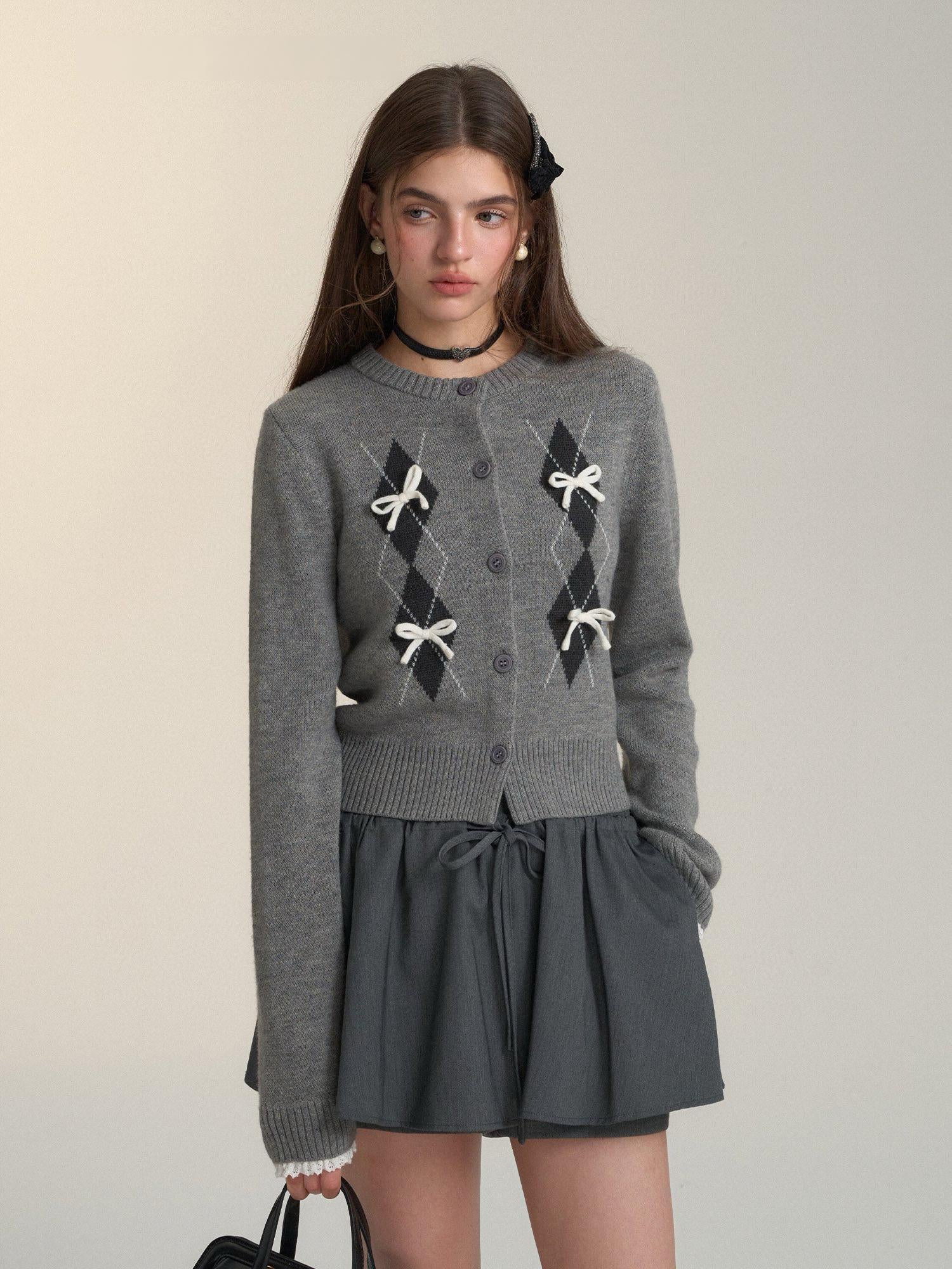 Argyle Bow Embellished Grey Cardigan