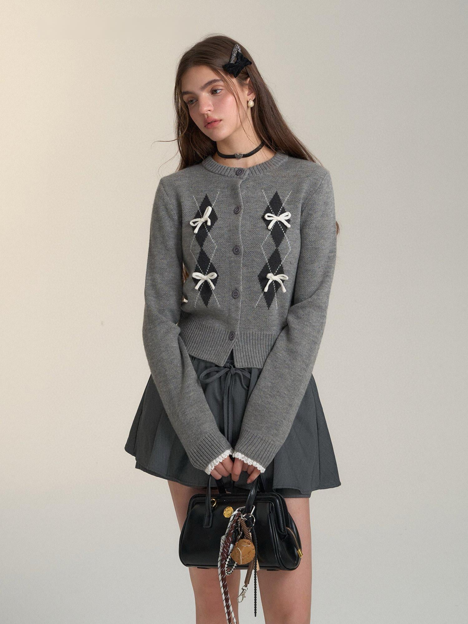 Argyle Bow Embellished Grey Cardigan