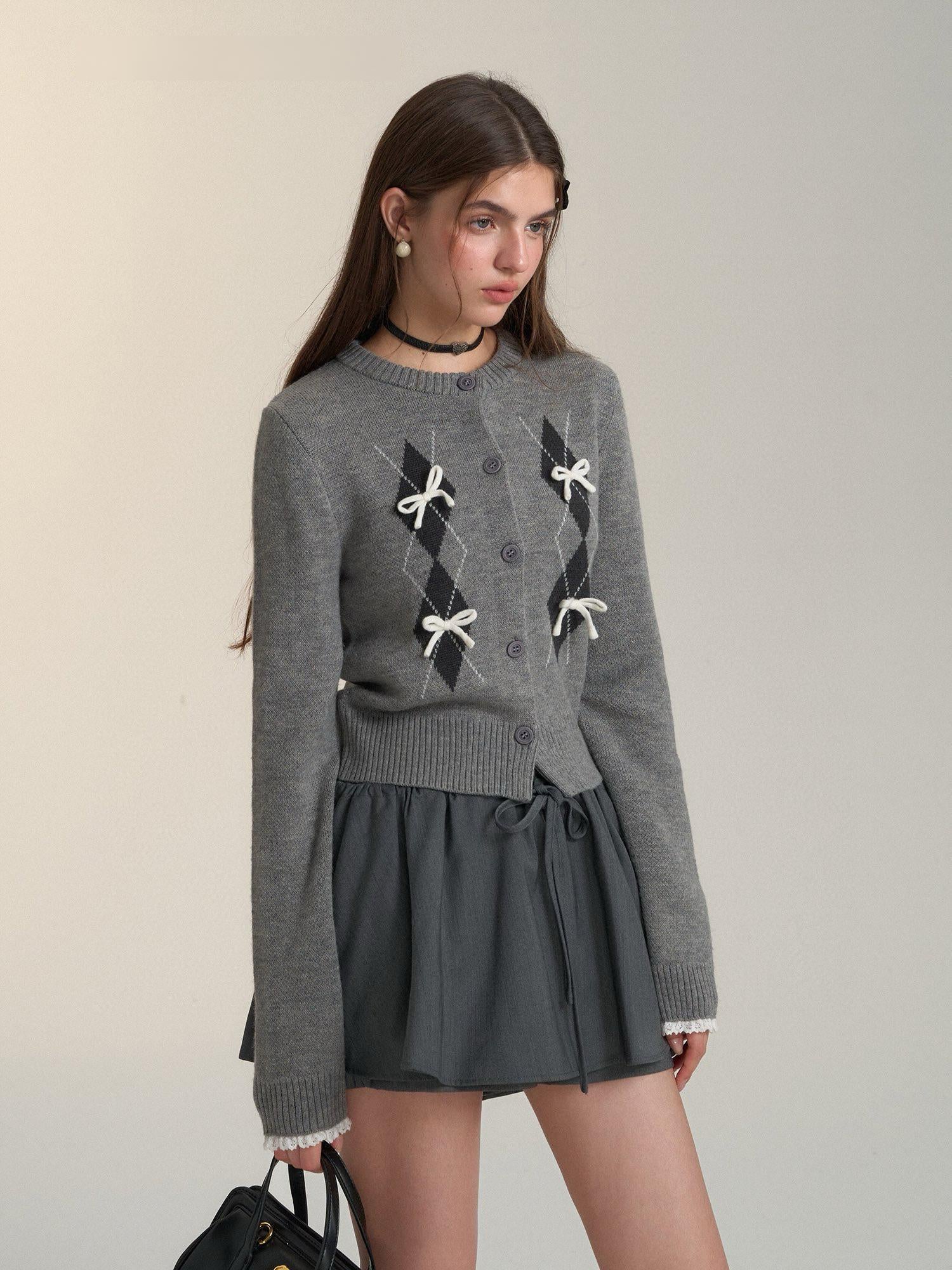 Argyle Bow Embellished Grey Cardigan
