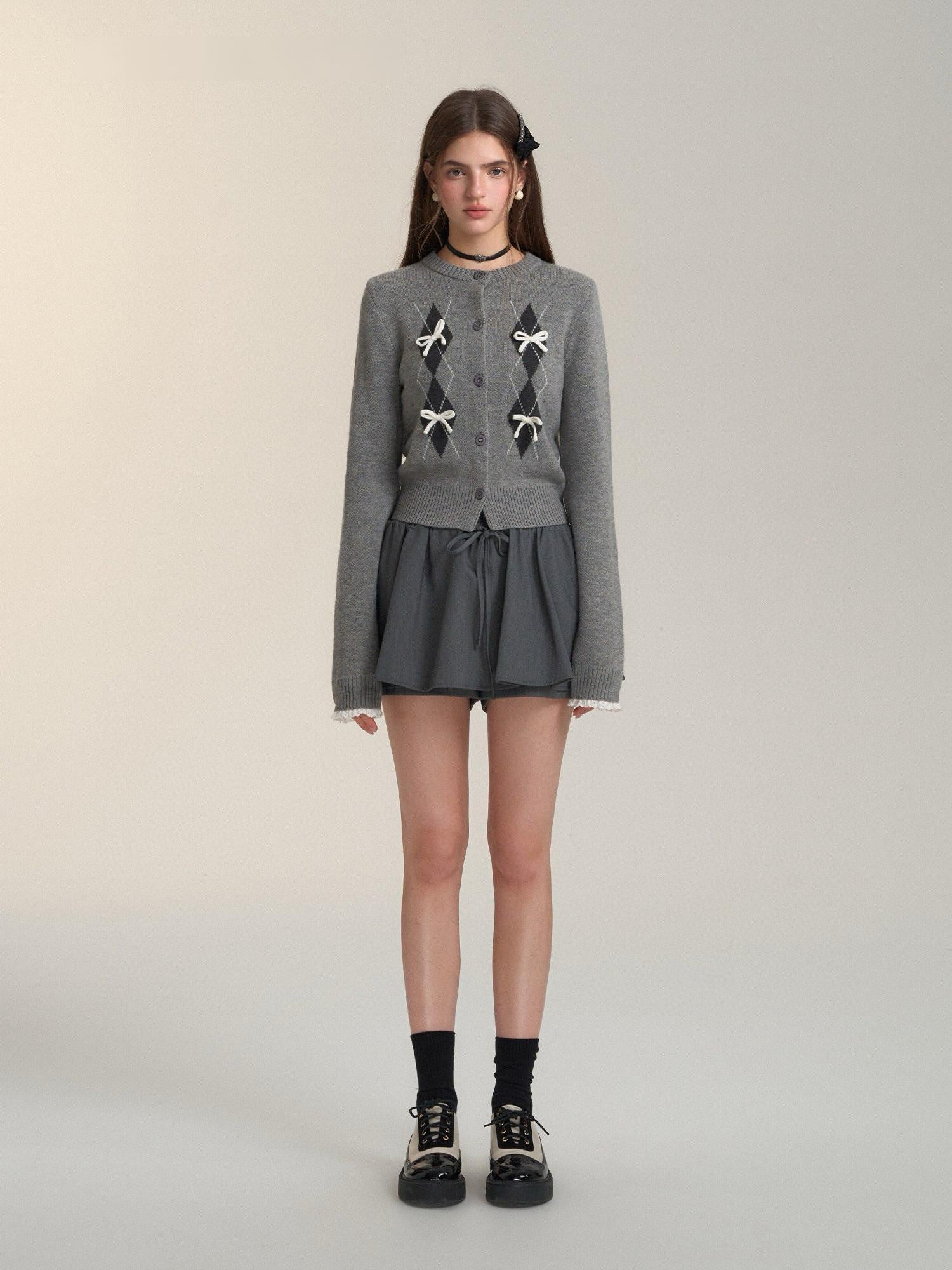 Argyle Bow Embellished Grey Cardigan