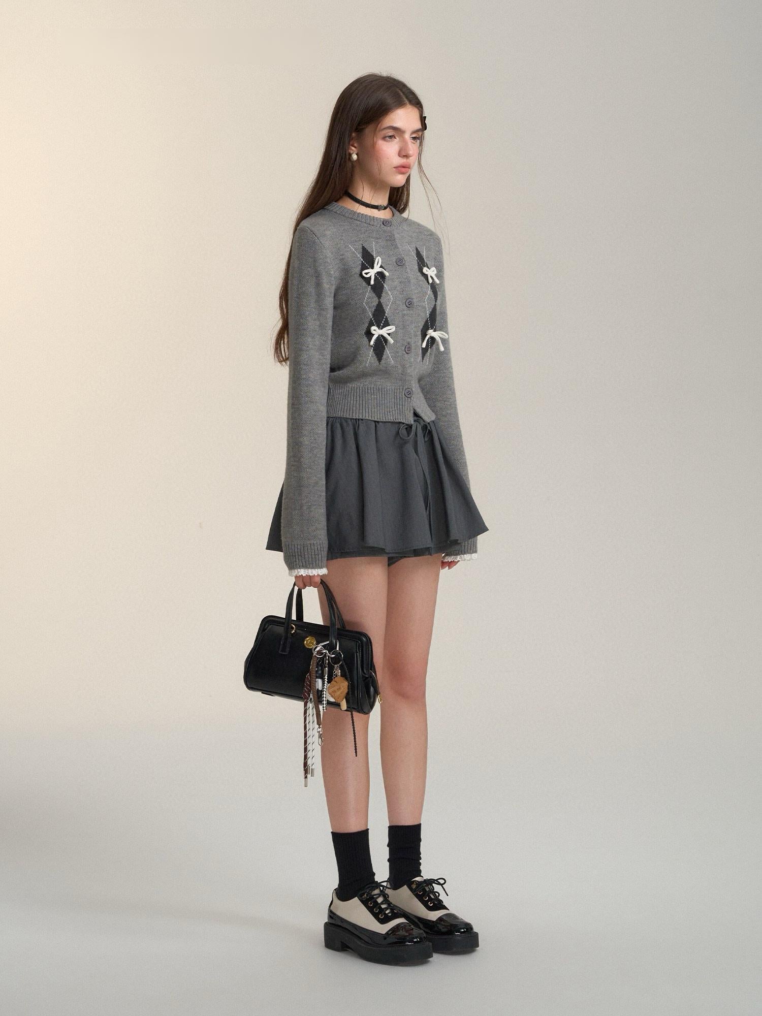 Argyle Bow Embellished Grey Cardigan