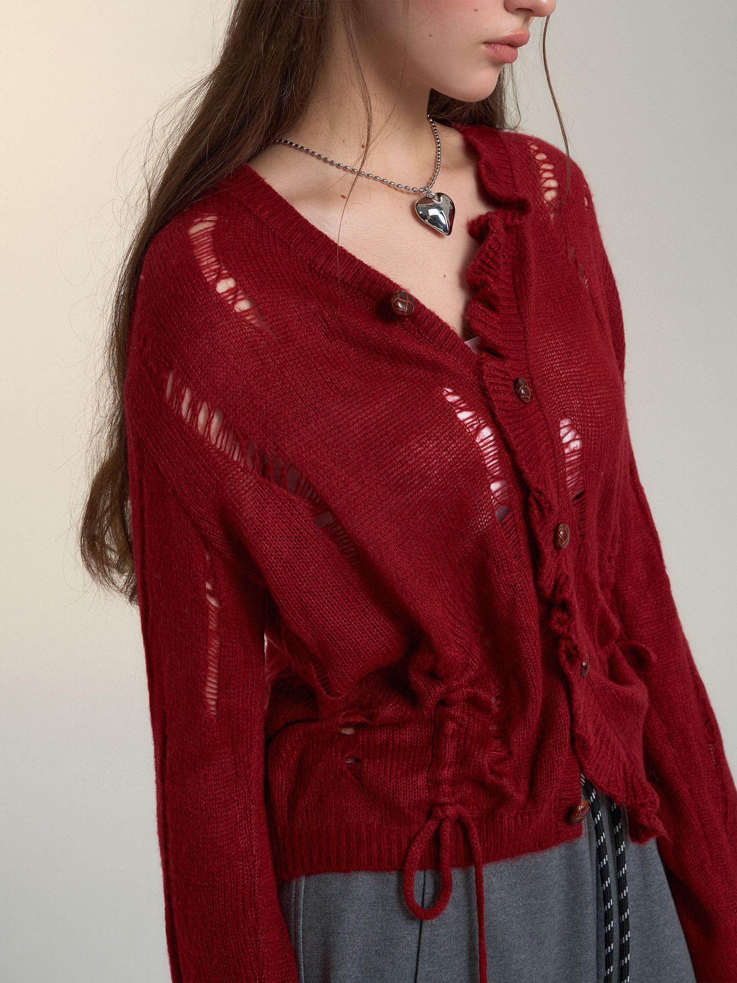 Ripped Knit Drawstring Red Cardigan