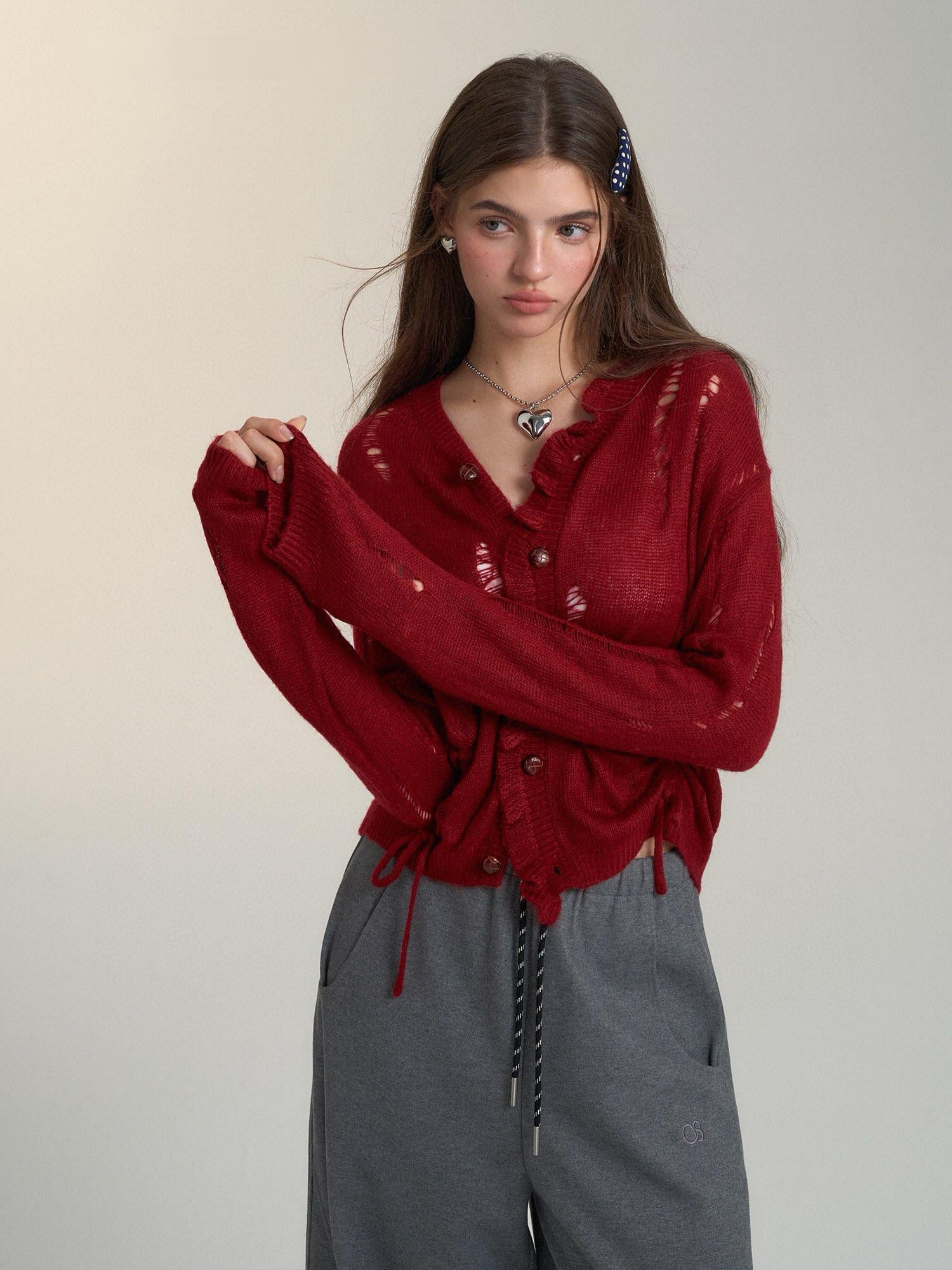 Ripped Knit Drawstring Red Cardigan