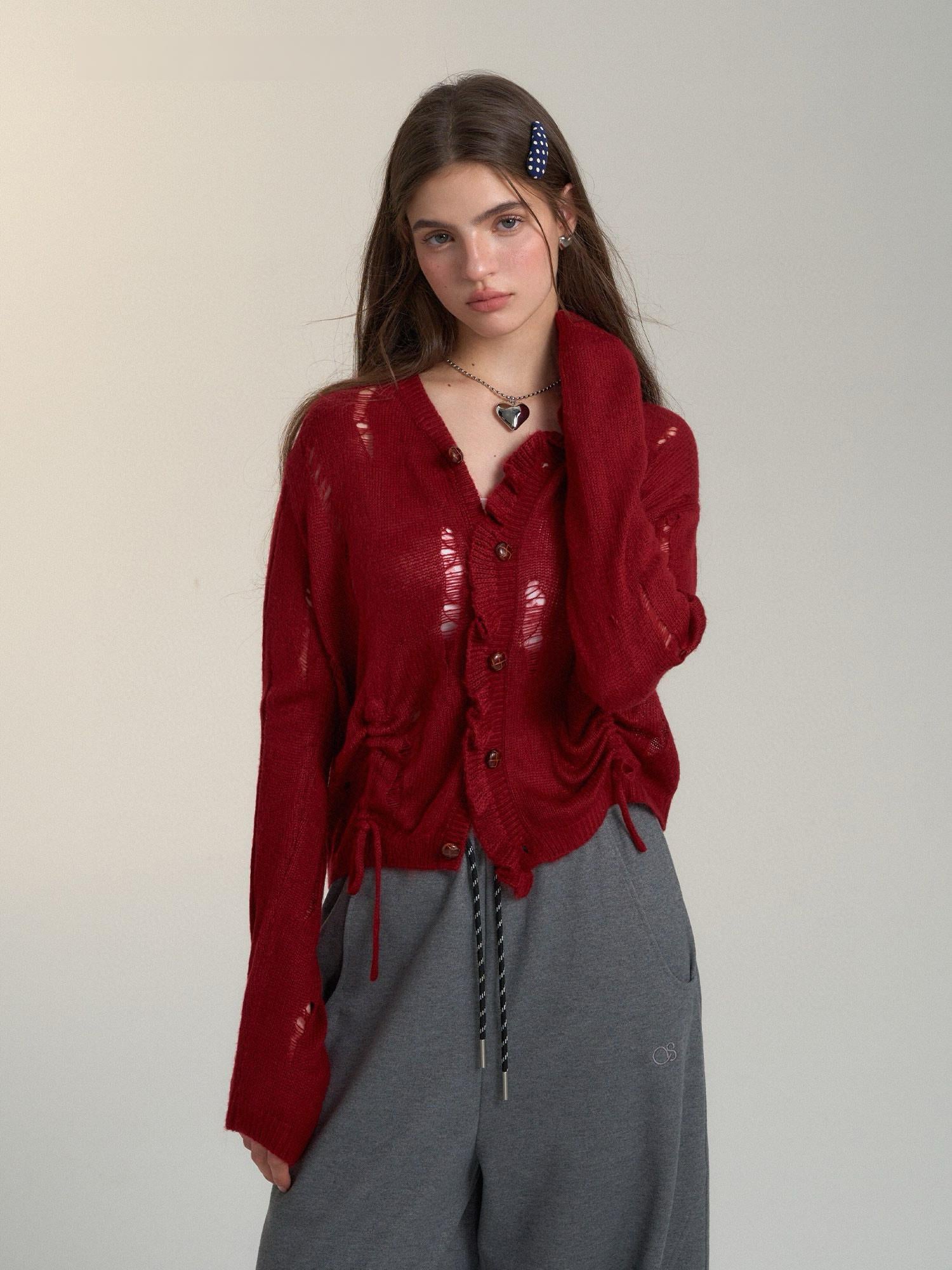 Ripped Knit Drawstring Red Cardigan