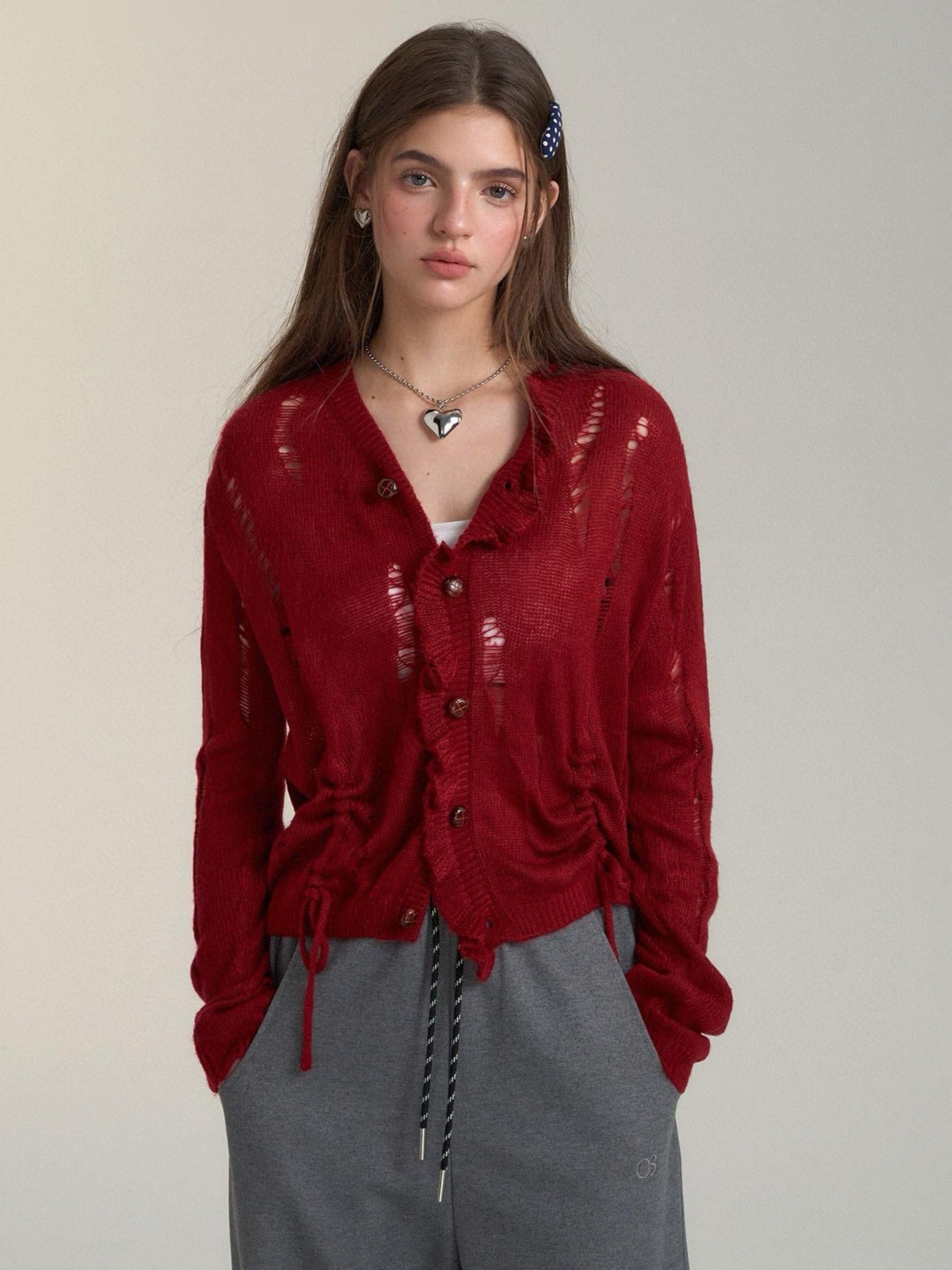 Ripped Knit Drawstring Red Cardigan